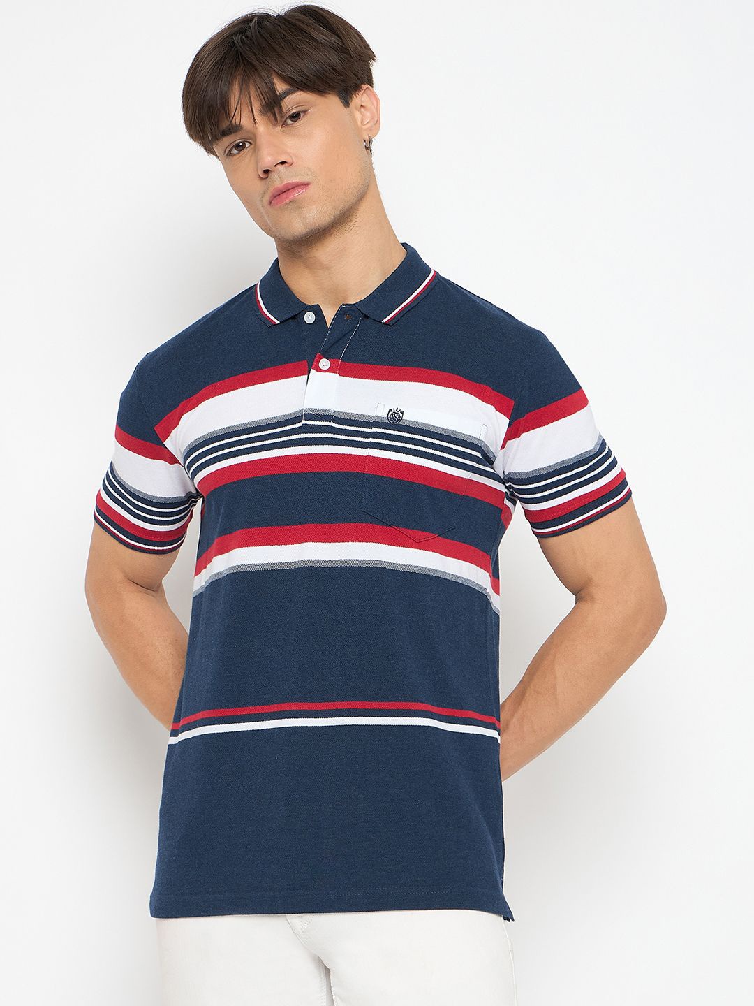 

Duke Men Striped Polo Collar Pockets T-shirt, Blue