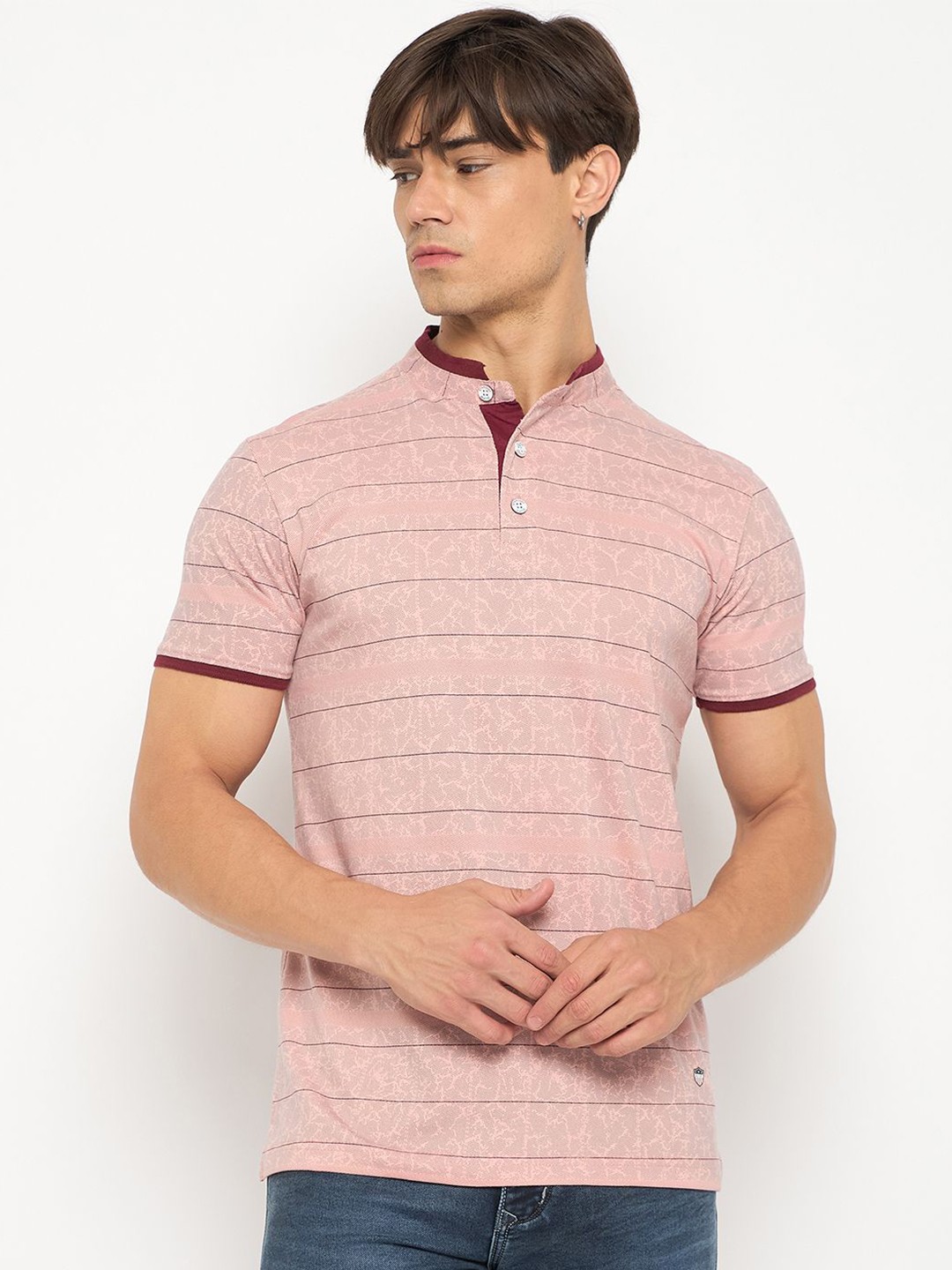 

Duke Men Striped Mandarin Collar Cotton T-shirt, Pink