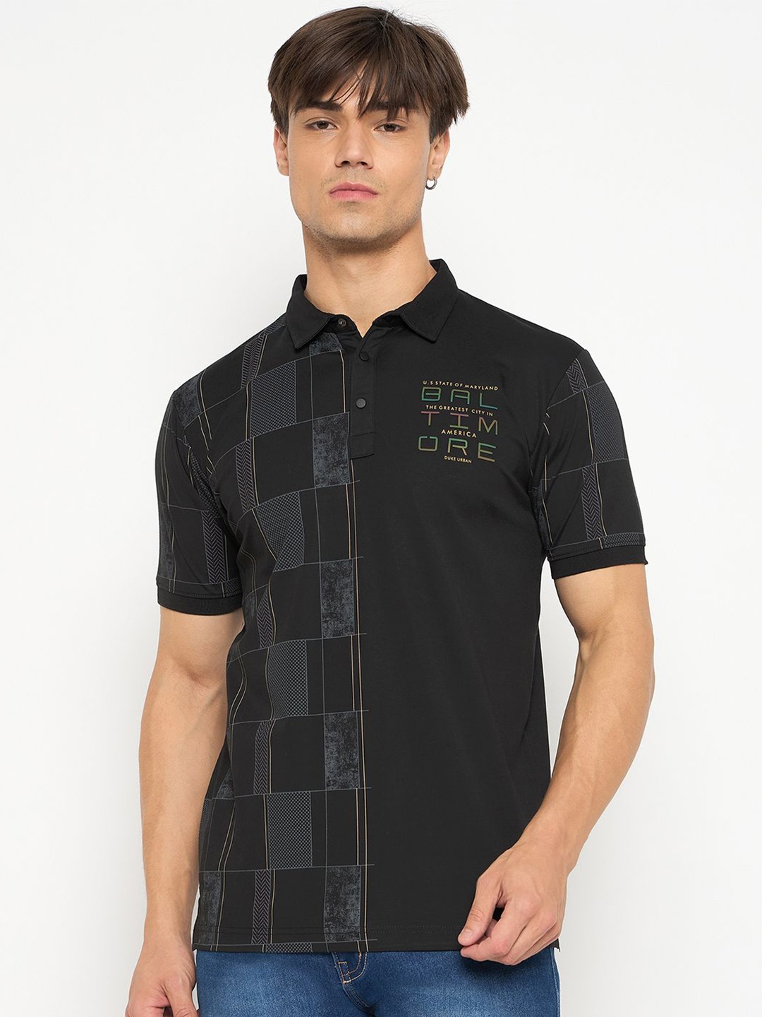 

Duke Men Geometric Printed Polo Collar Slim Fit T-shirt, Black