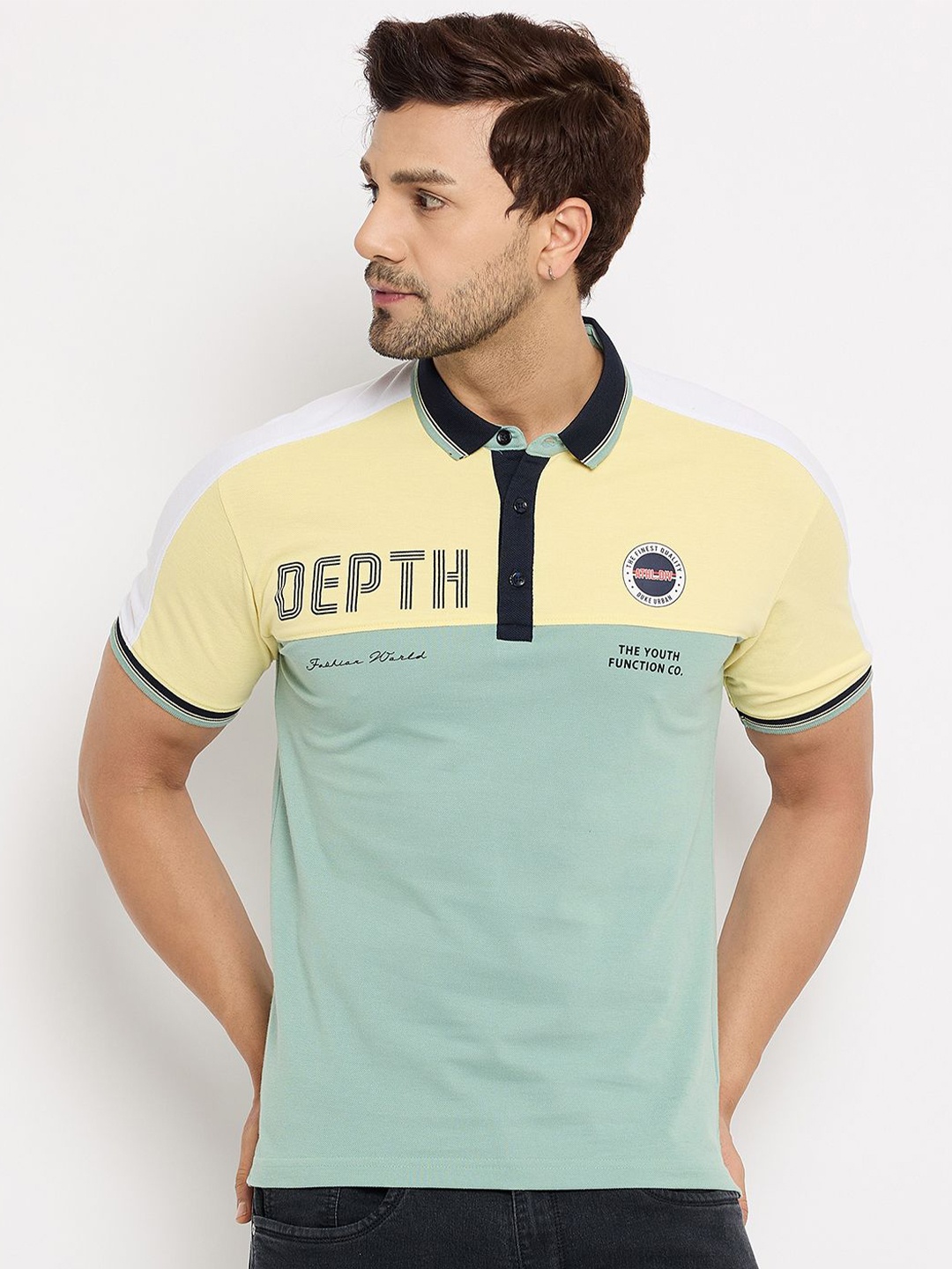 

Duke Men Colourblocked Printed Polo Collar Cotton Slim Fit T-shirt, Blue