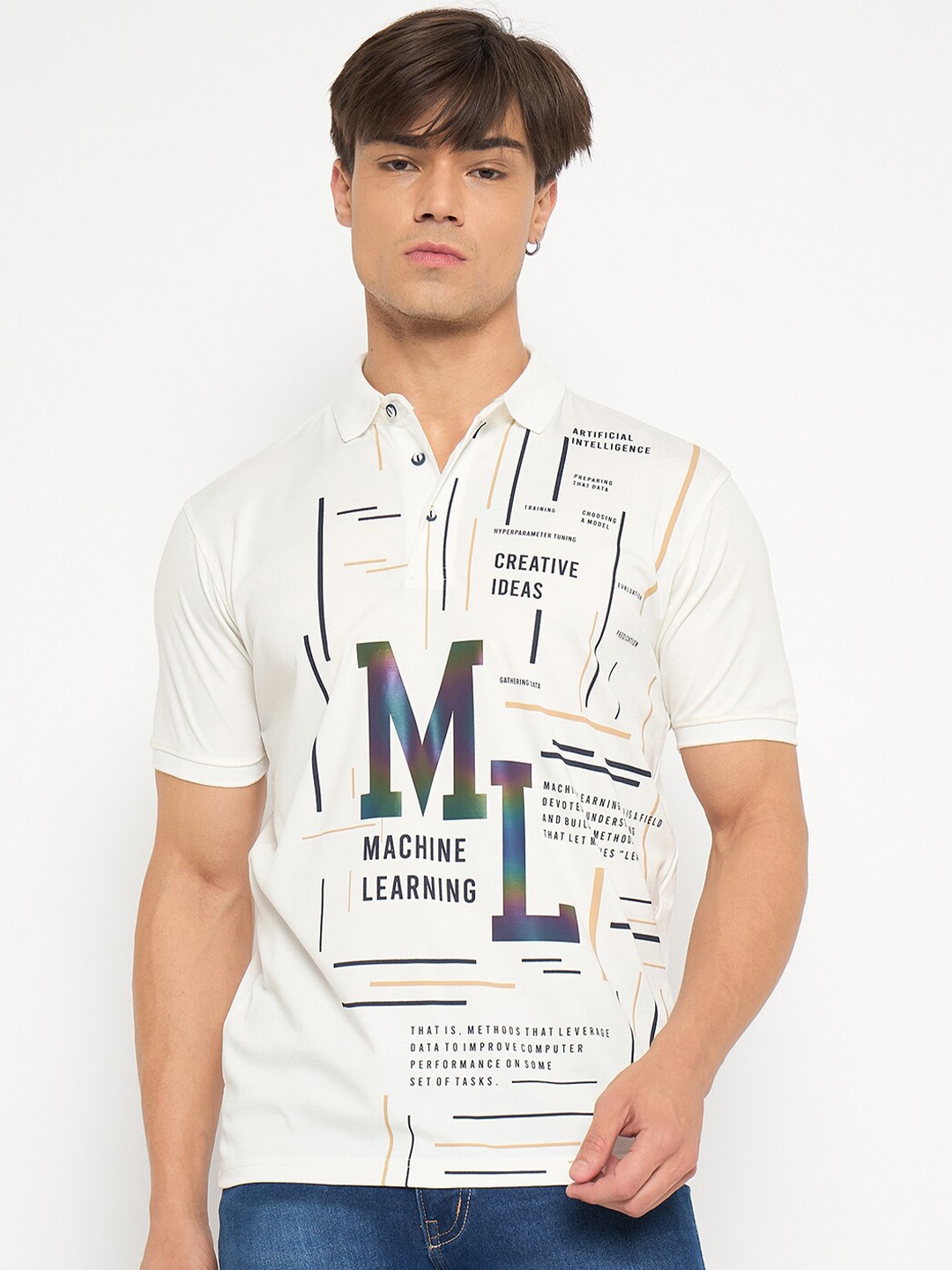 

Duke Men Typography Printed Polo Collar Cotton T-shirt, White