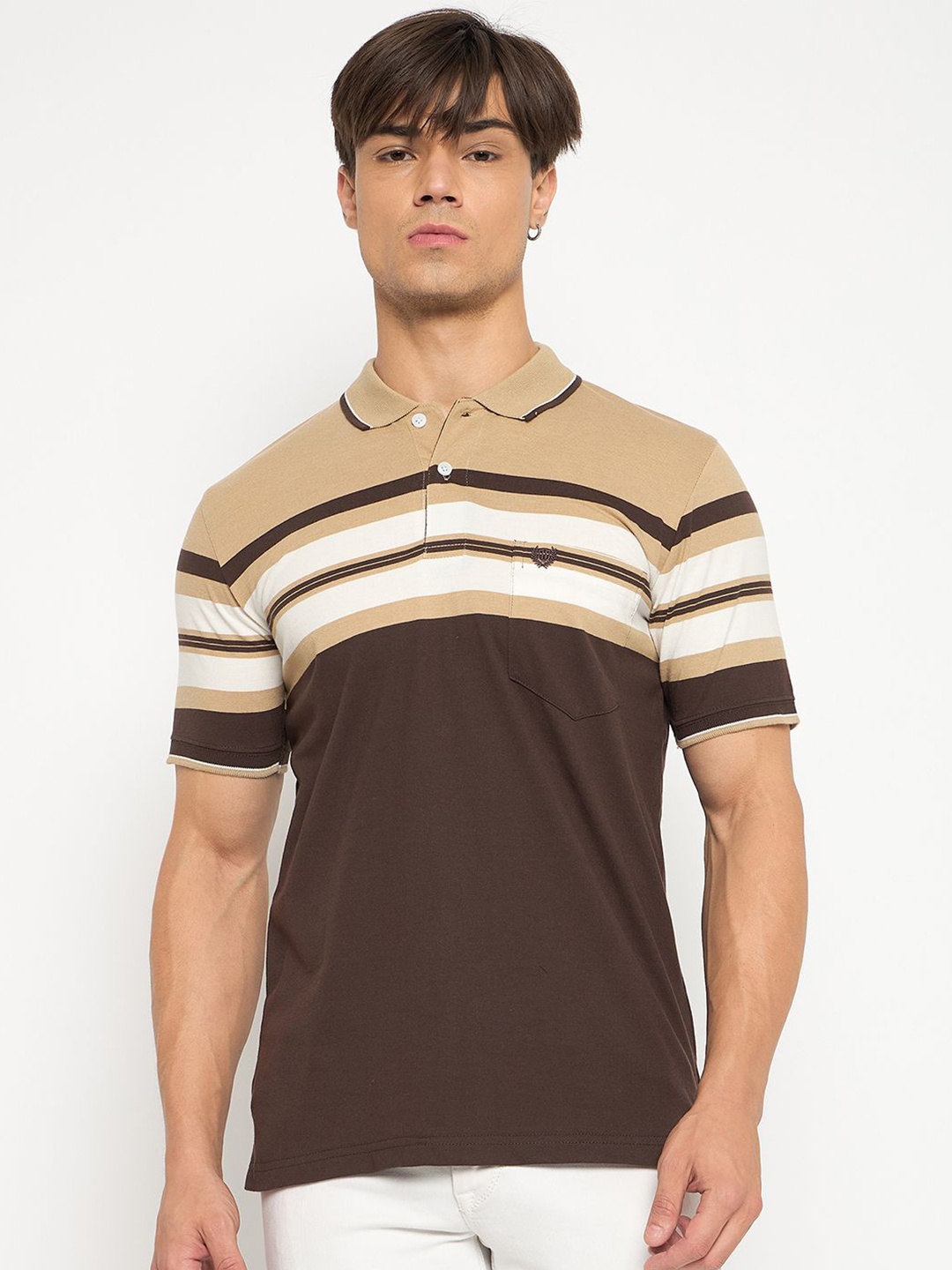 

Duke Men Striped Polo Collar Pocket Cotton T-shirt, Beige