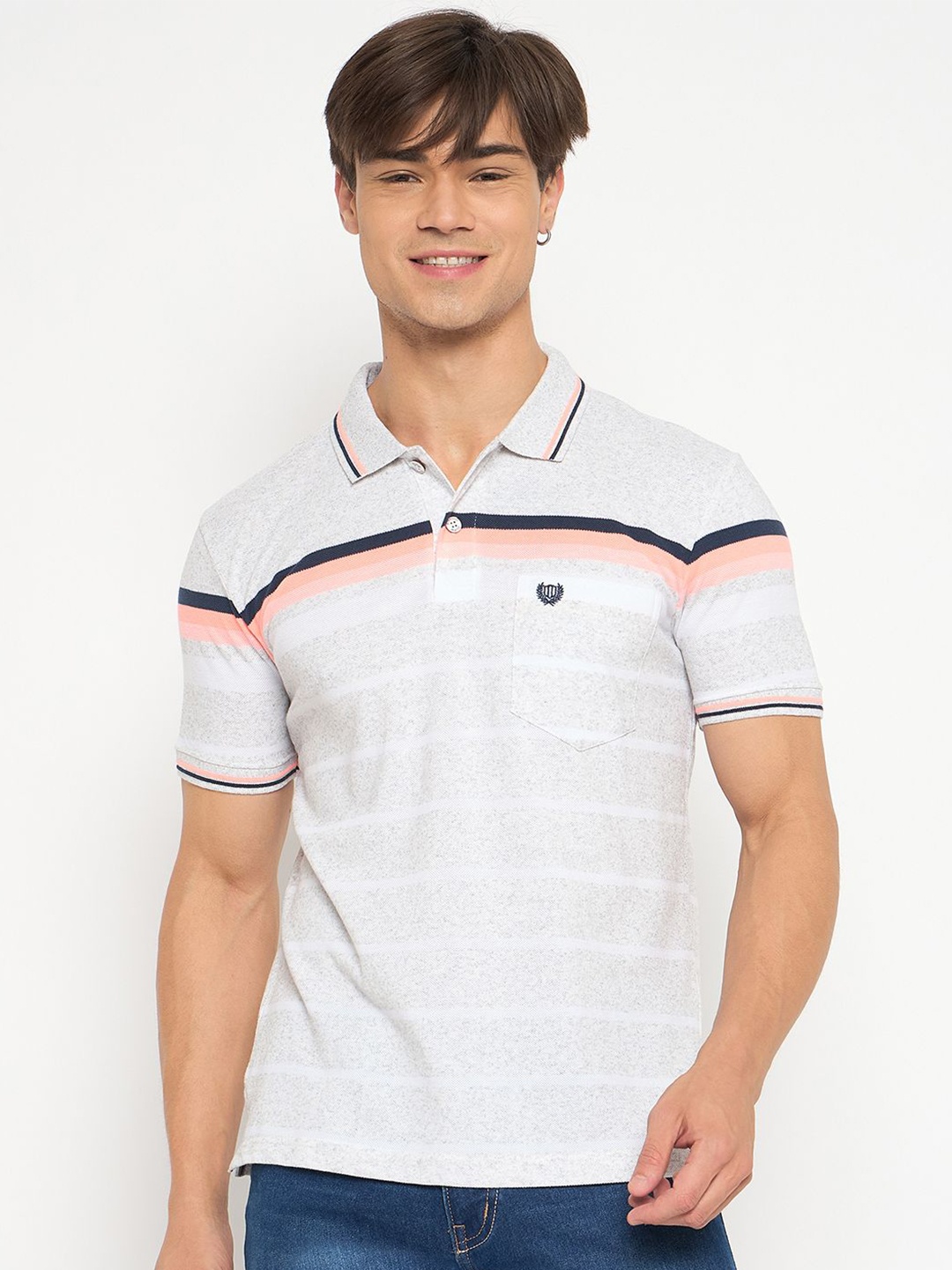 

Duke Men Striped Polo Collar Pockets Cotton T-shirt, White