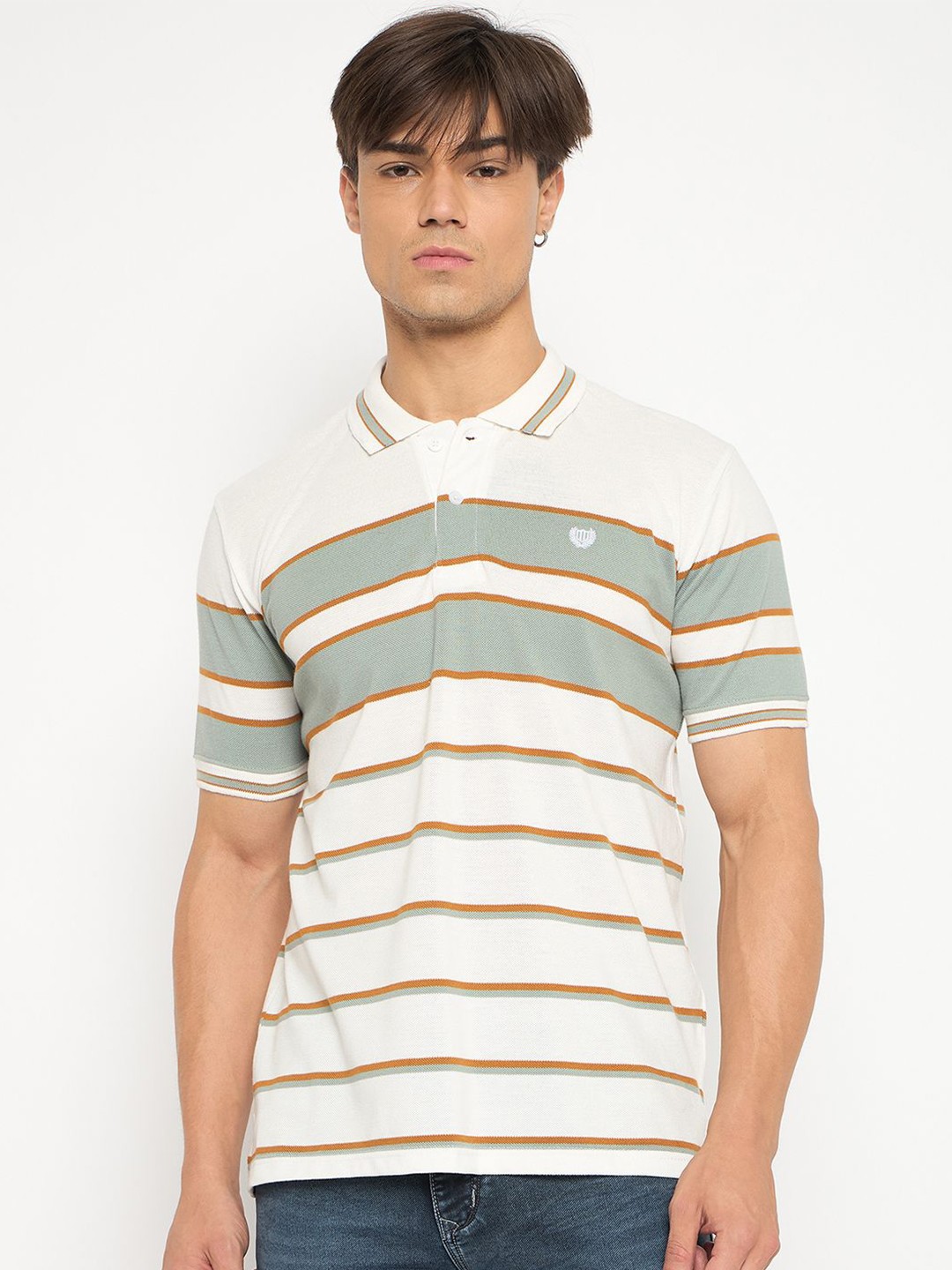 

Duke Men Striped Polo Collar Embroidered Slim Fit T-shirt, White