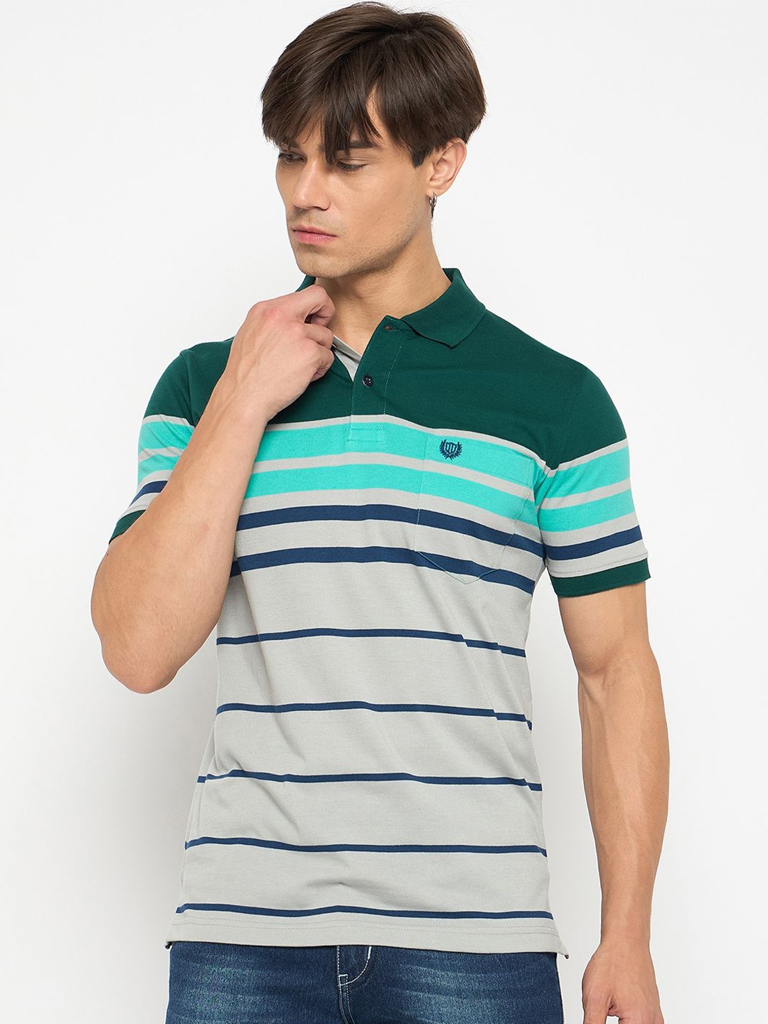 

Duke Men Striped Polo Collar Pockets Cotton T-shirt, Multi