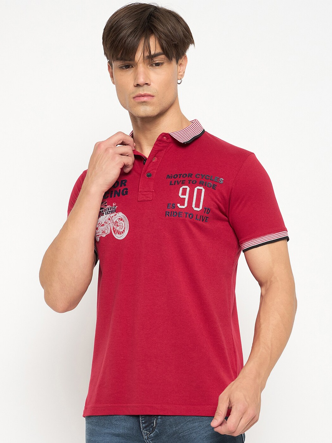 Duke Men Typography Polo Collar Cotton T-shirt, Red