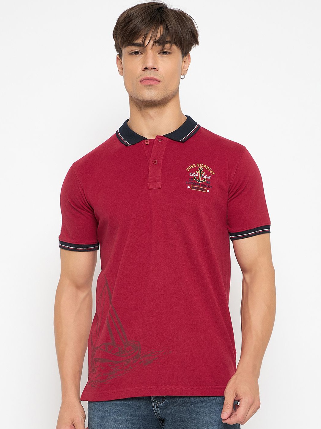 

Duke Men Printed Polo Collar Cotton T-shirt, Red