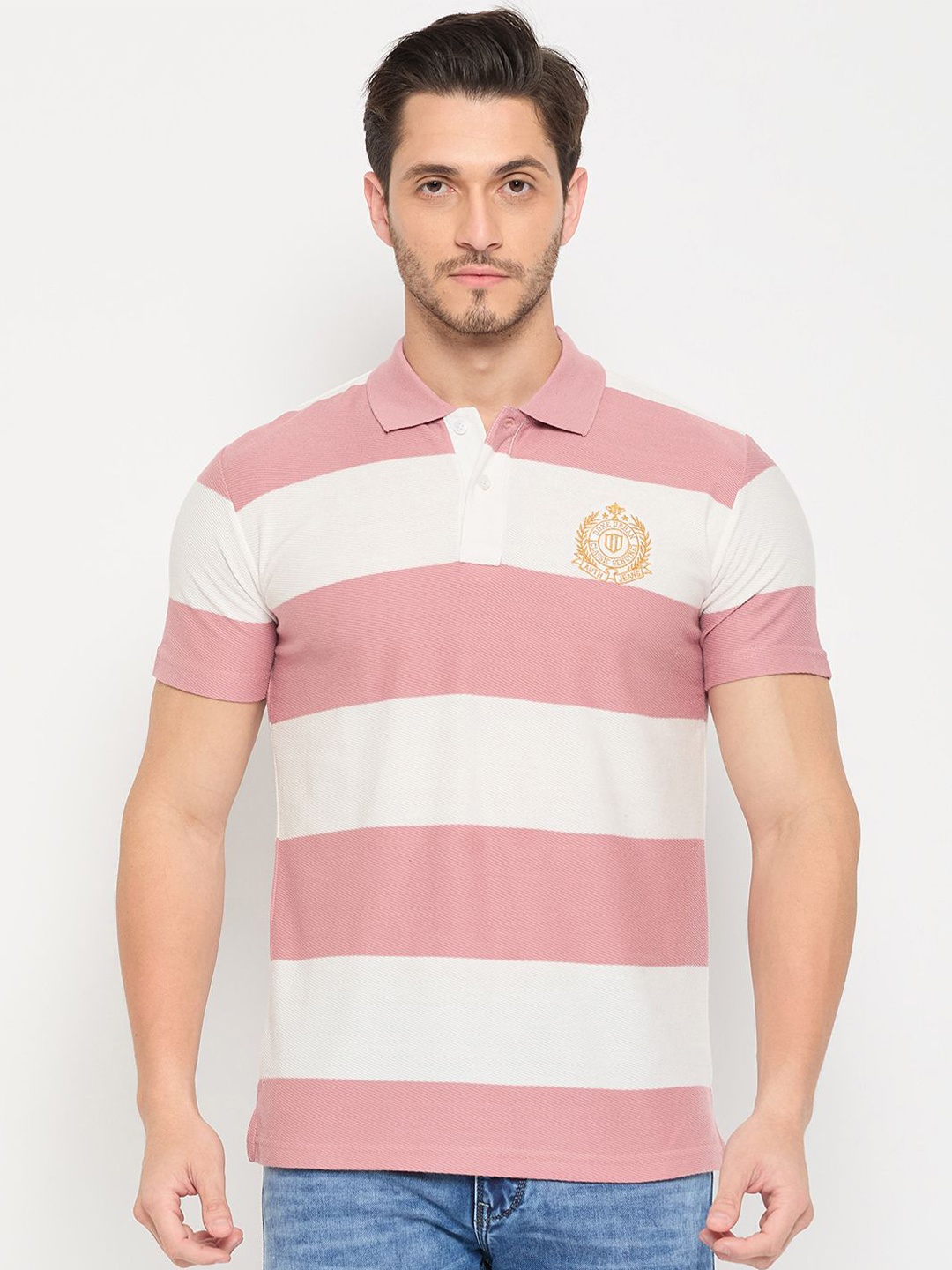 

Duke Men Striped Polo Collar Embroidered Cotton T-shirt, Pink