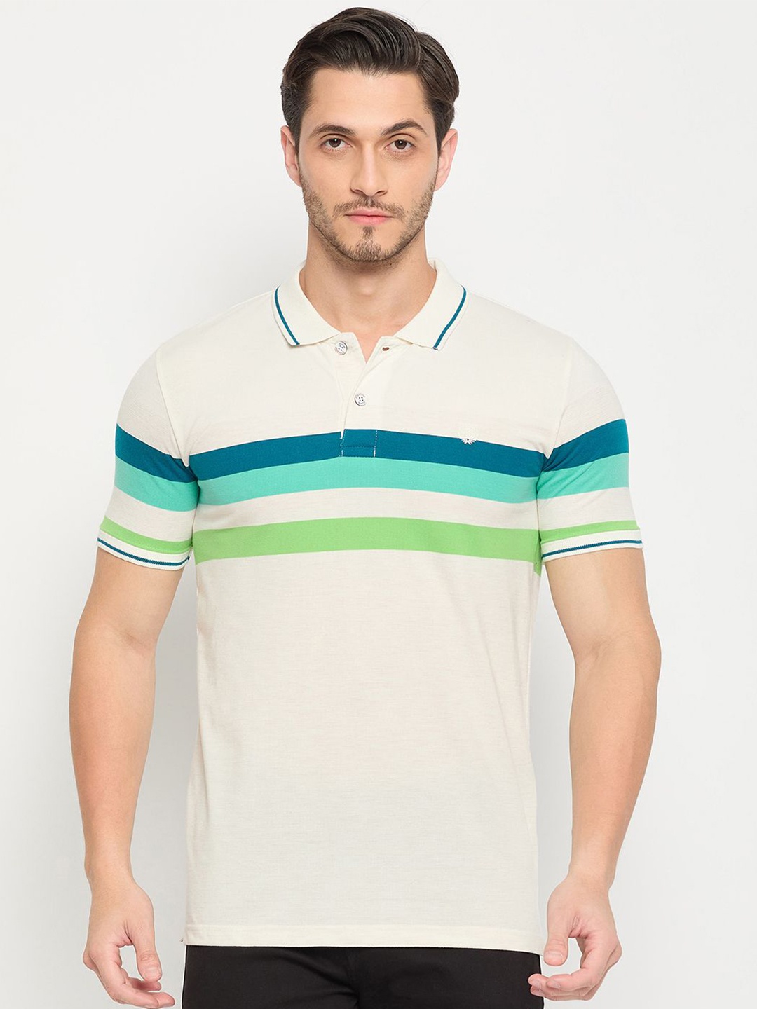 

Duke Men Striped Polo Collar Slim Fit T-shirt, Off white