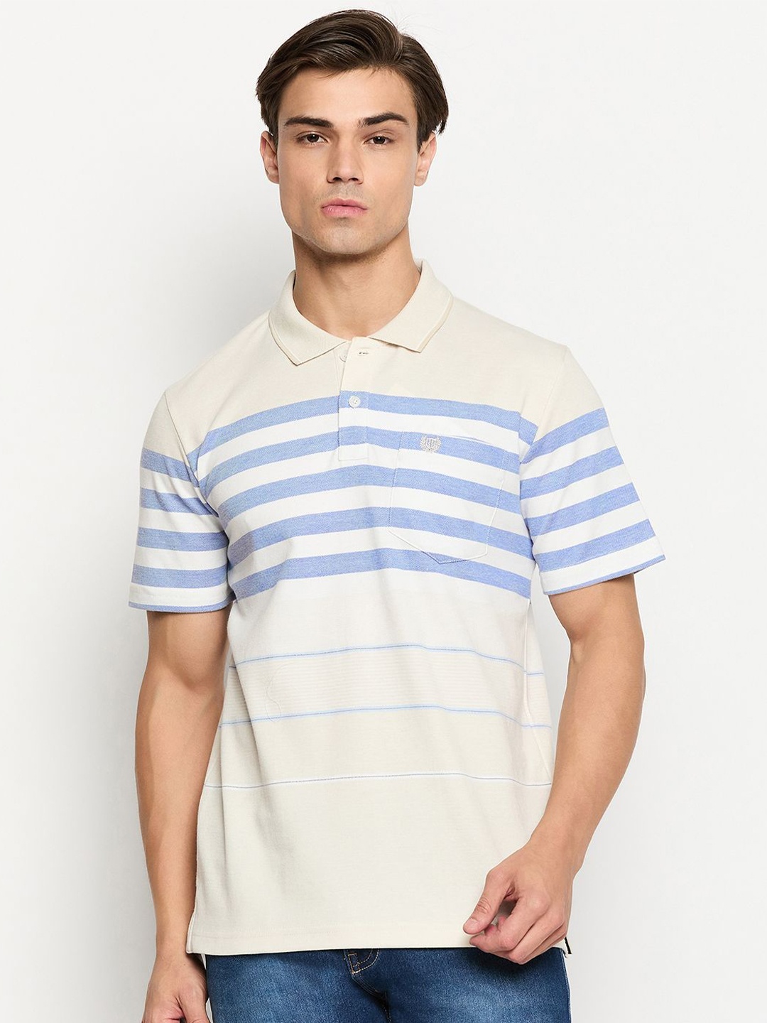 

Duke Men Striped Polo Collar Pocket Cotton T-shirt, White