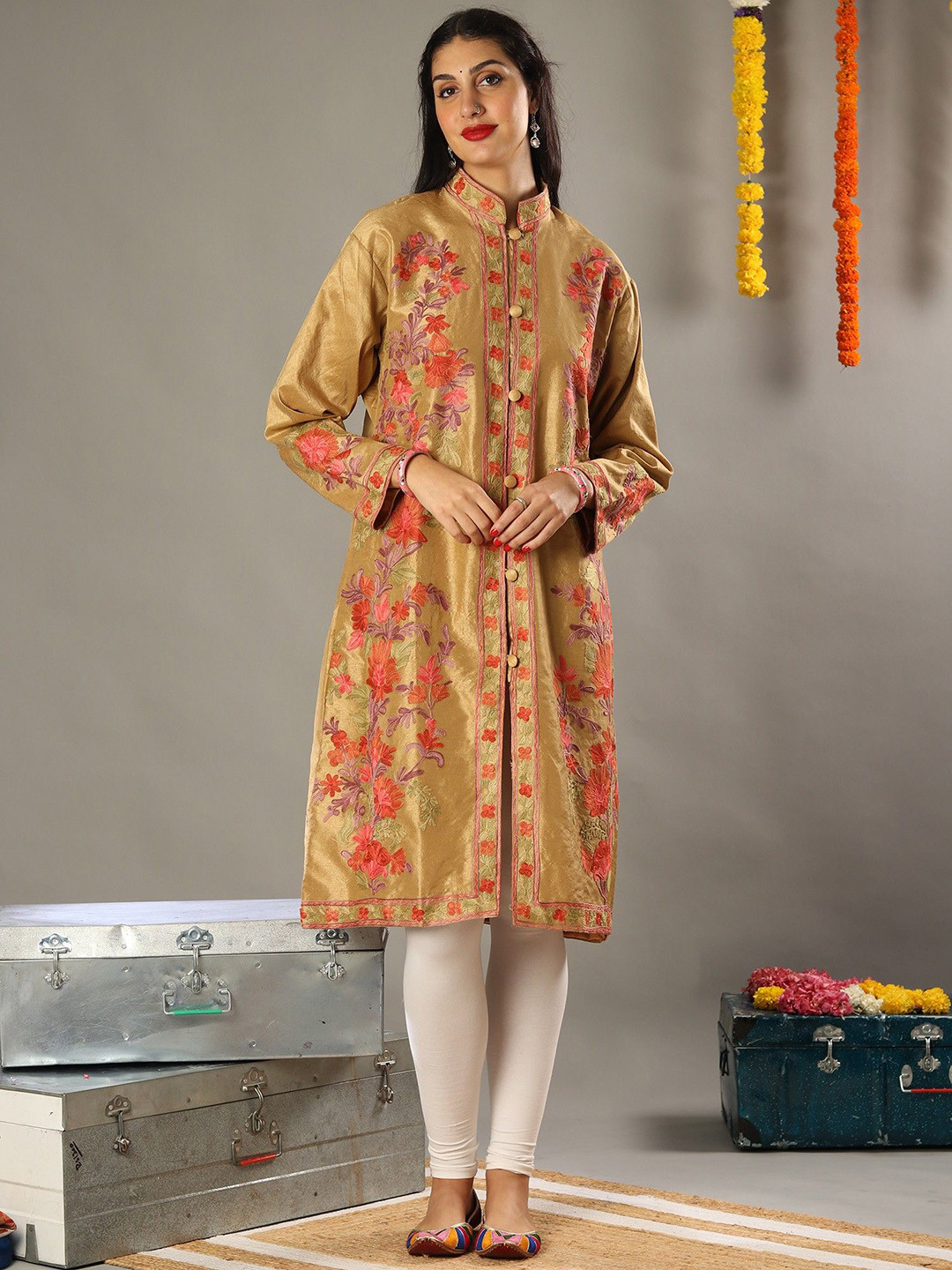 

Exotic India Women Floral Longline Jacket, Gold