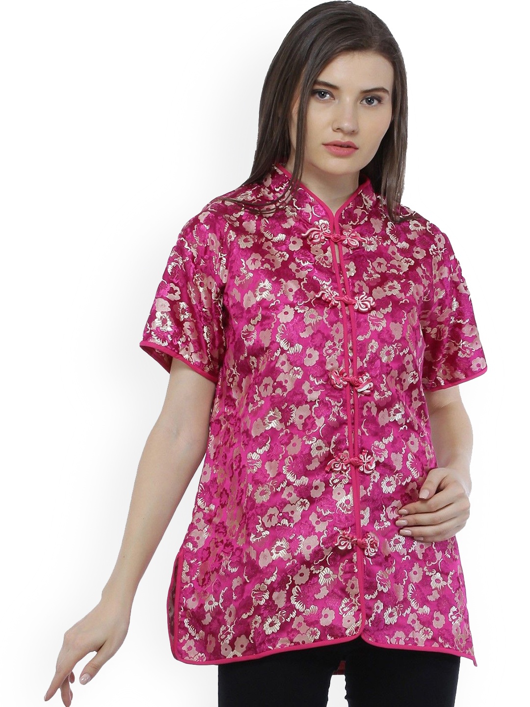 

Exotic India Rasberry Rose Brocaded Cheongsam Silk Jacket with Brocade Weave, Pink