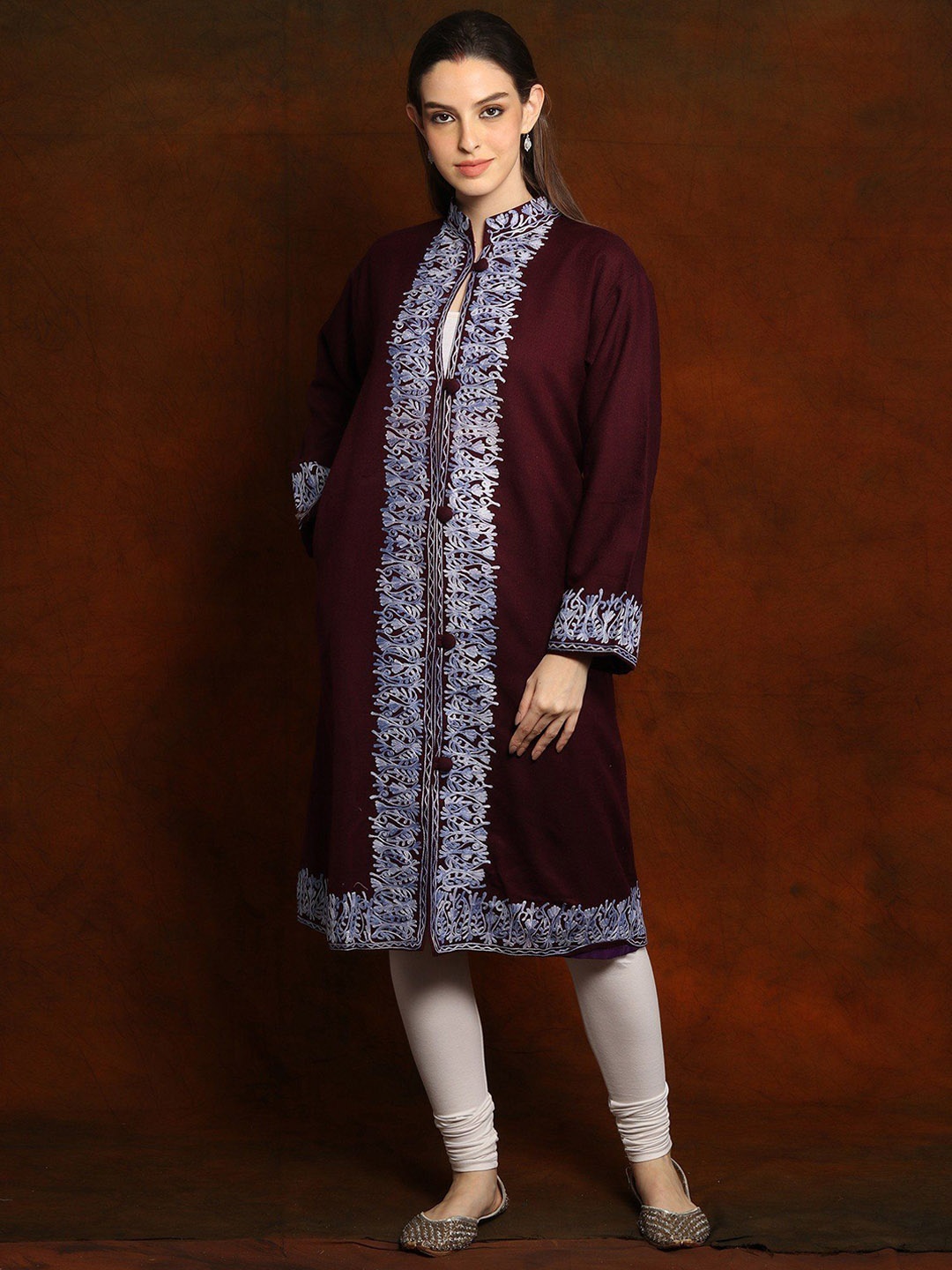 

Exotic India Pure Wool Burgundy Aari Embroidered Kashmiri Short Jacket