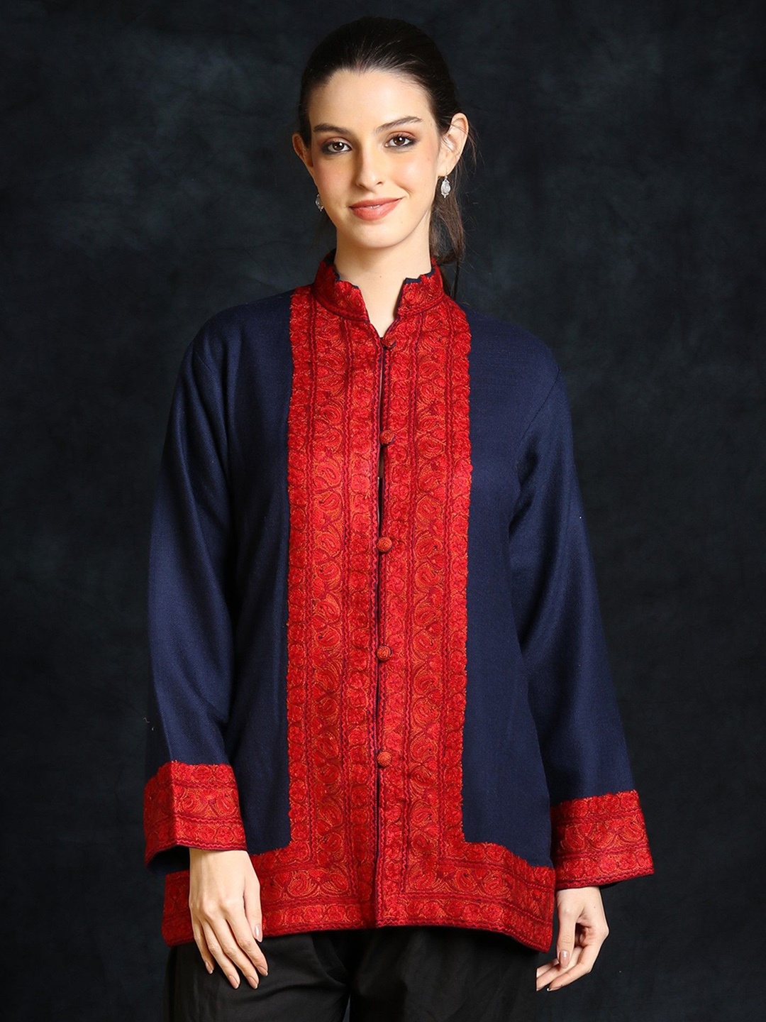 

Exotic India Women Woollen Longline Tailored Jacket, Blue