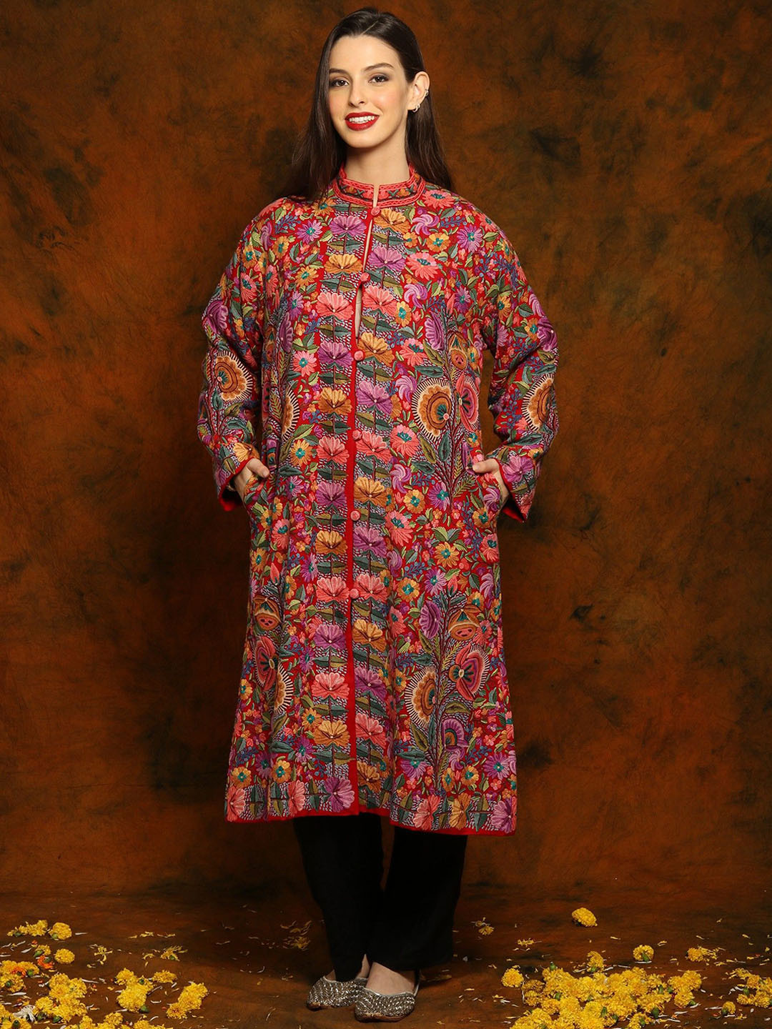

Exotic India Women Floral Woollen Longline Tailored Jacket, Multi