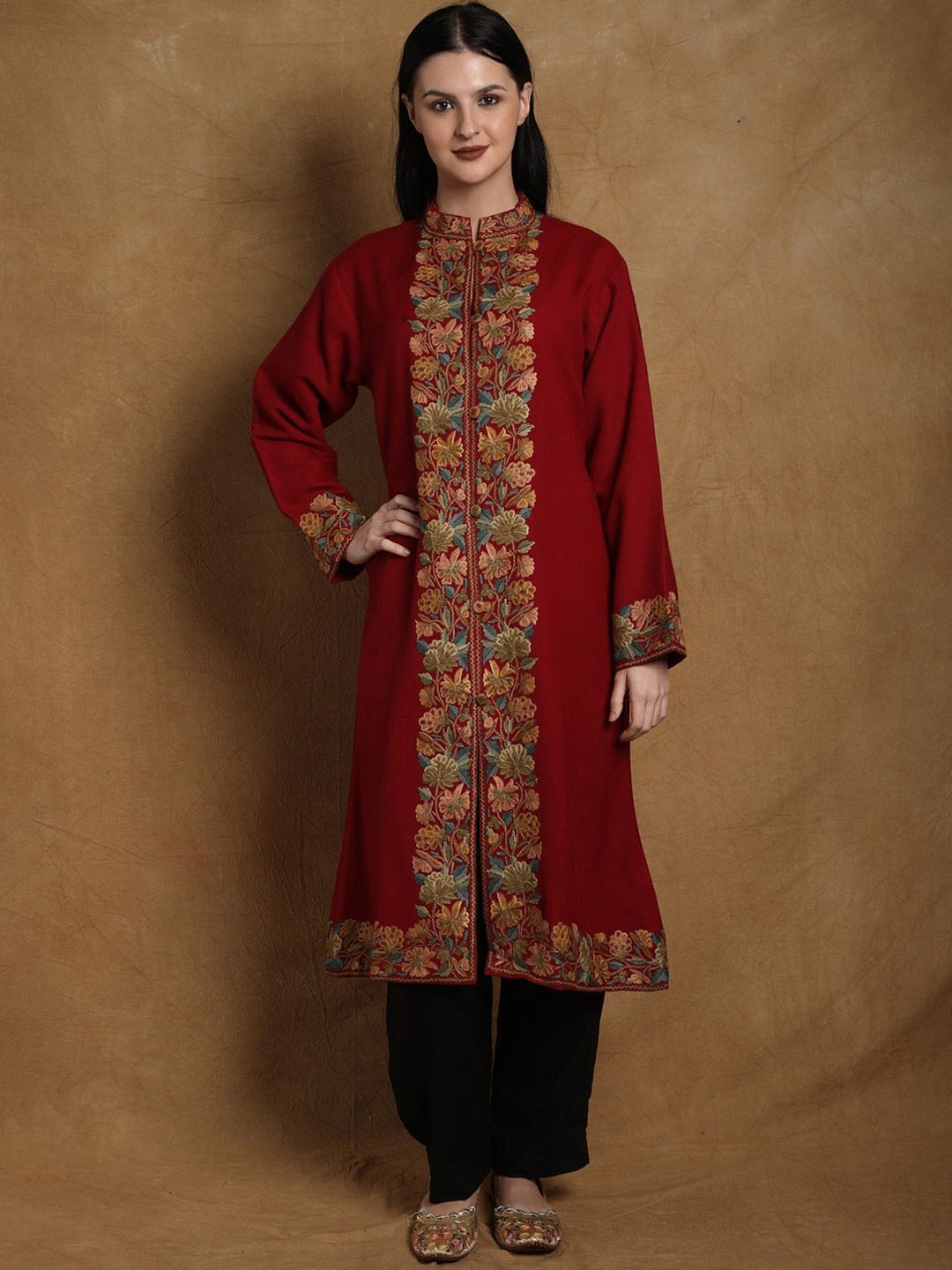 

Exotic India Women Floral Woollen Longline Tailored Jacket with Embroidered, Red