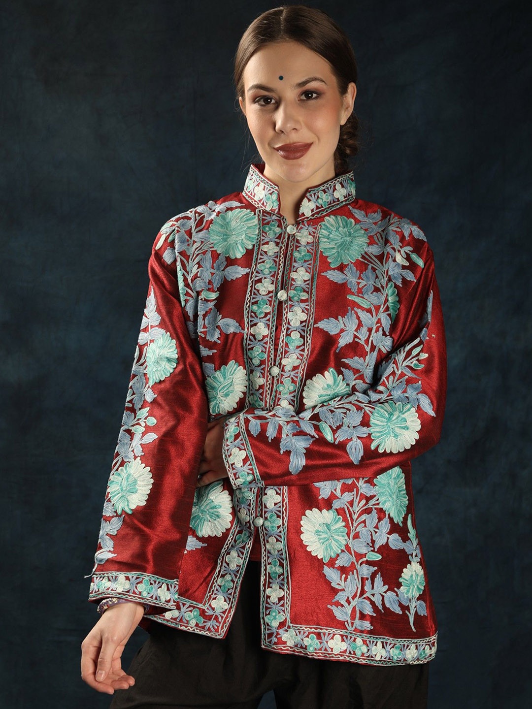 

Exotic India Women Floral Longline Sporty Jacket with Embroidered, Red