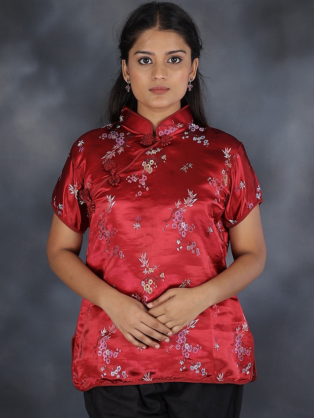 

Exotic India Jester Red Brocaded Cheongsam Silk Jacket with Brocade Weave