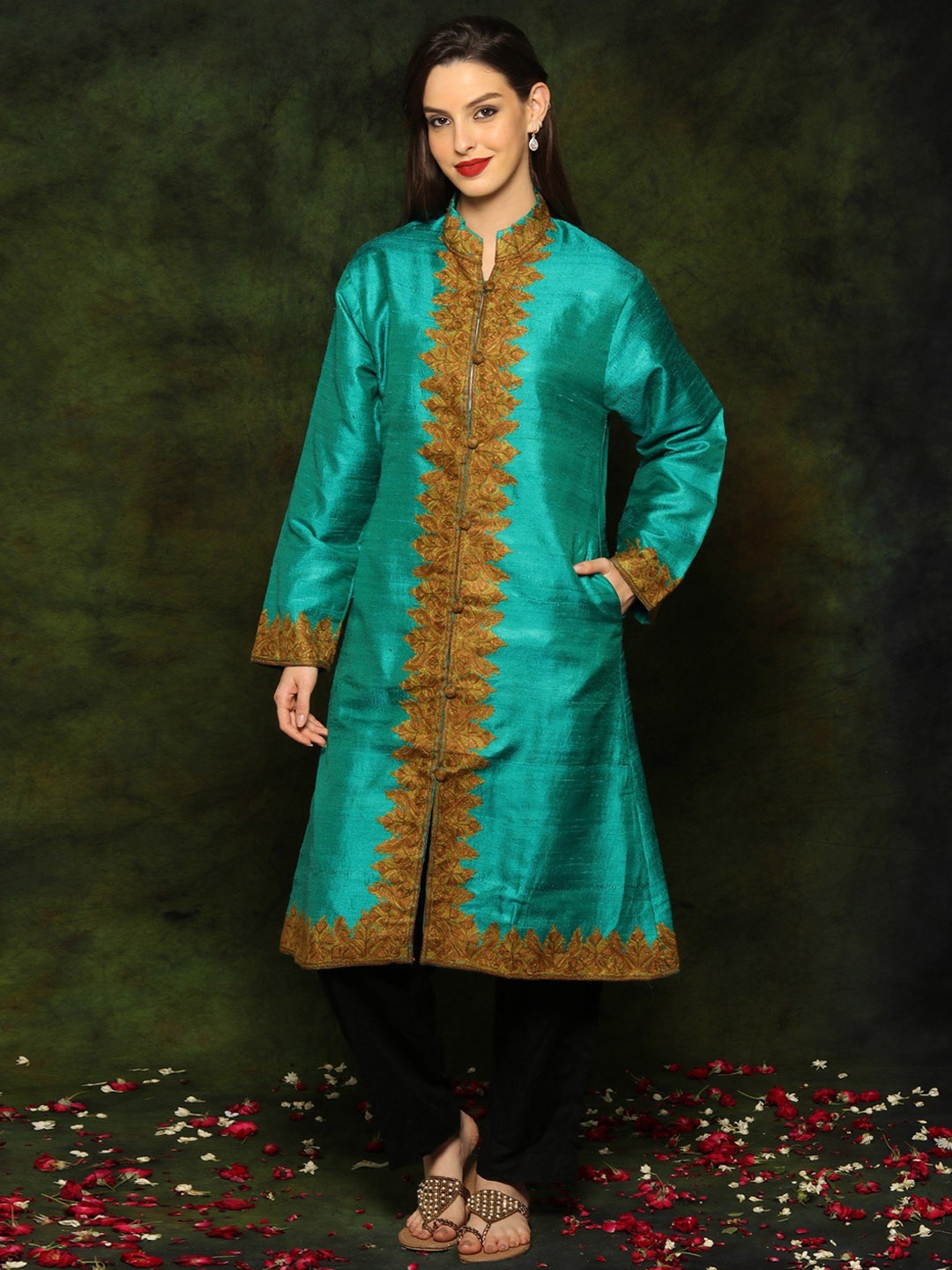

Exotic India Women Floral Longline Denim Jacket Embroidered, Turquoise blue