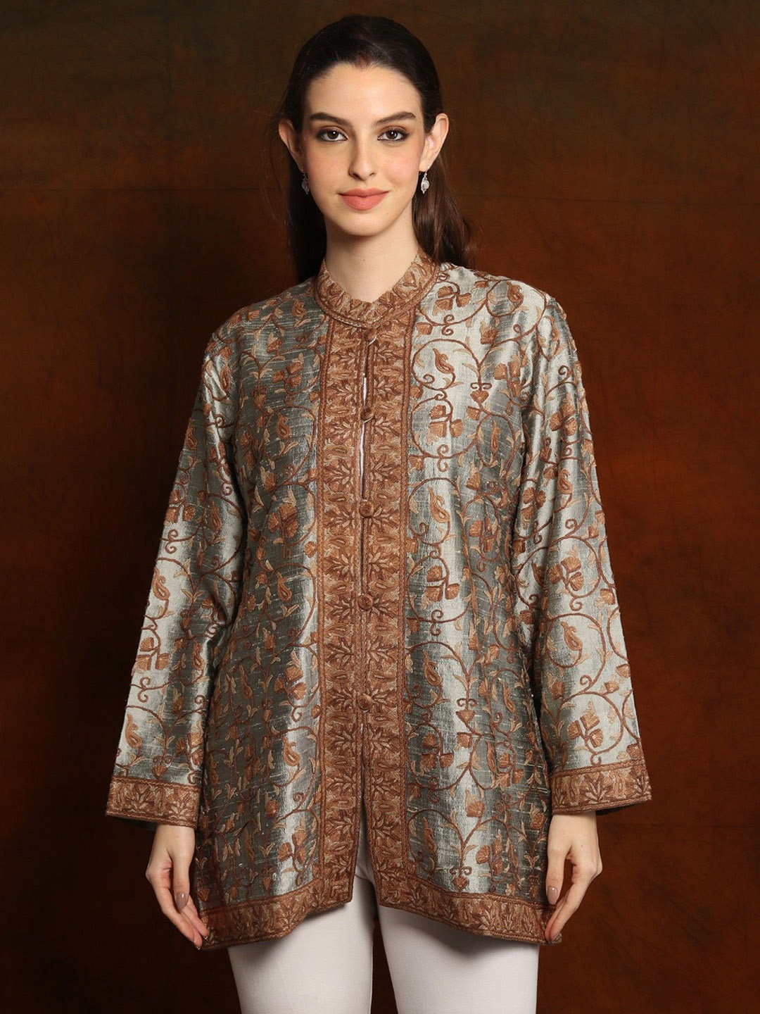

Exotic India Women Floral Longline Open Front Jacket Embroidered, Silver