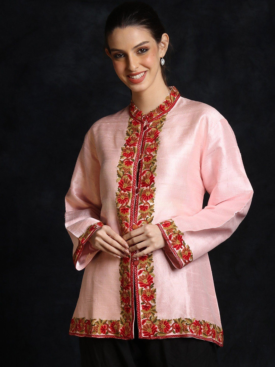 

Exotic India Women Mandarin Collar Embroidery Tailored Jacket, Pink