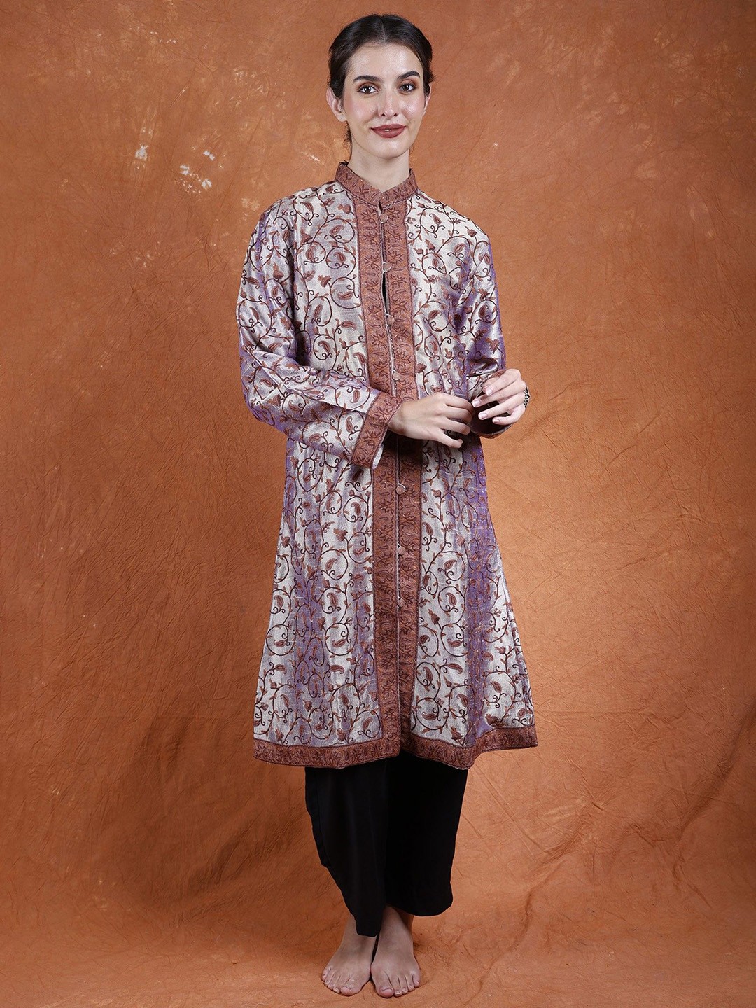 

Exotic India Women Longline Tailored Jacket, Purple