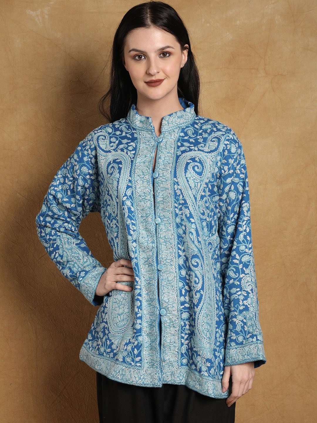 

Exotic India Women Woollen Longline Tailored Jacket, Blue