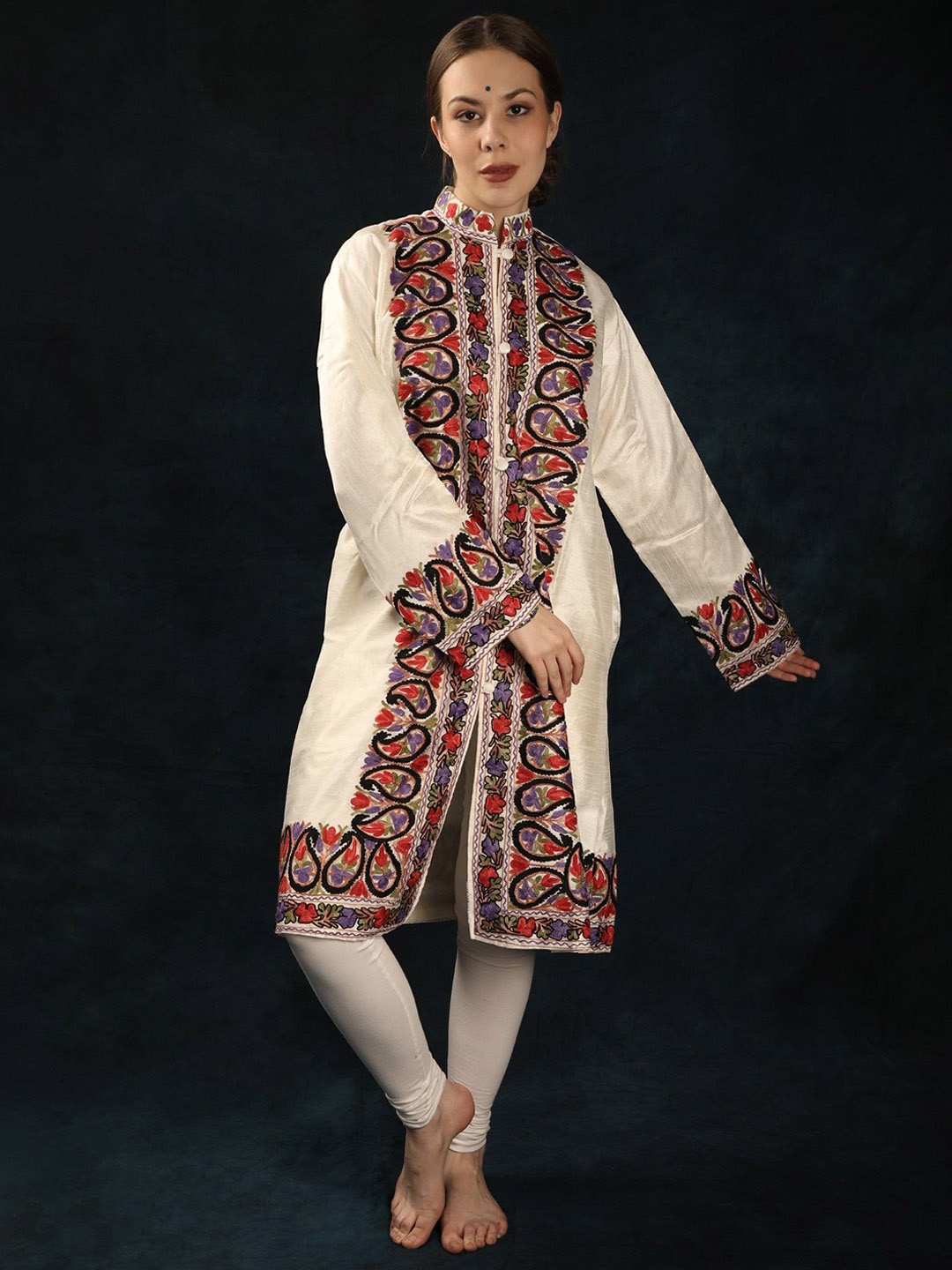 

Exotic India Lucent White Plain Kashmiri Long Jacket with Paisley Aari Embroidered Border