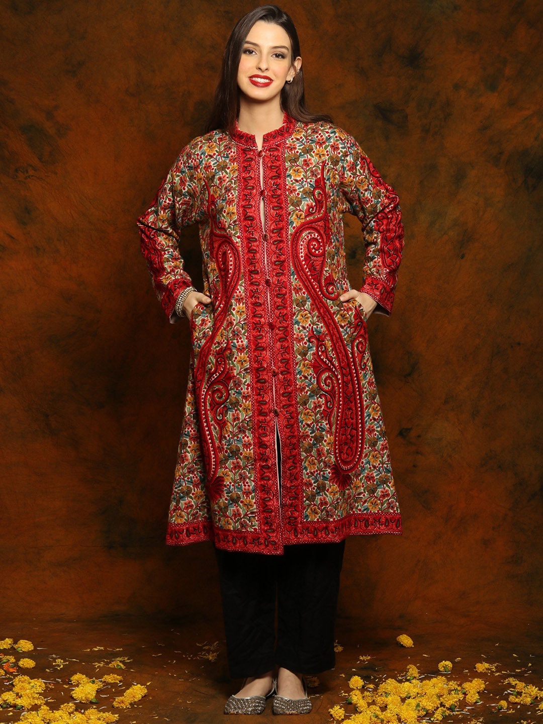 

Exotic India Women Floral Woollen Longline Tailored Jacket, Multi