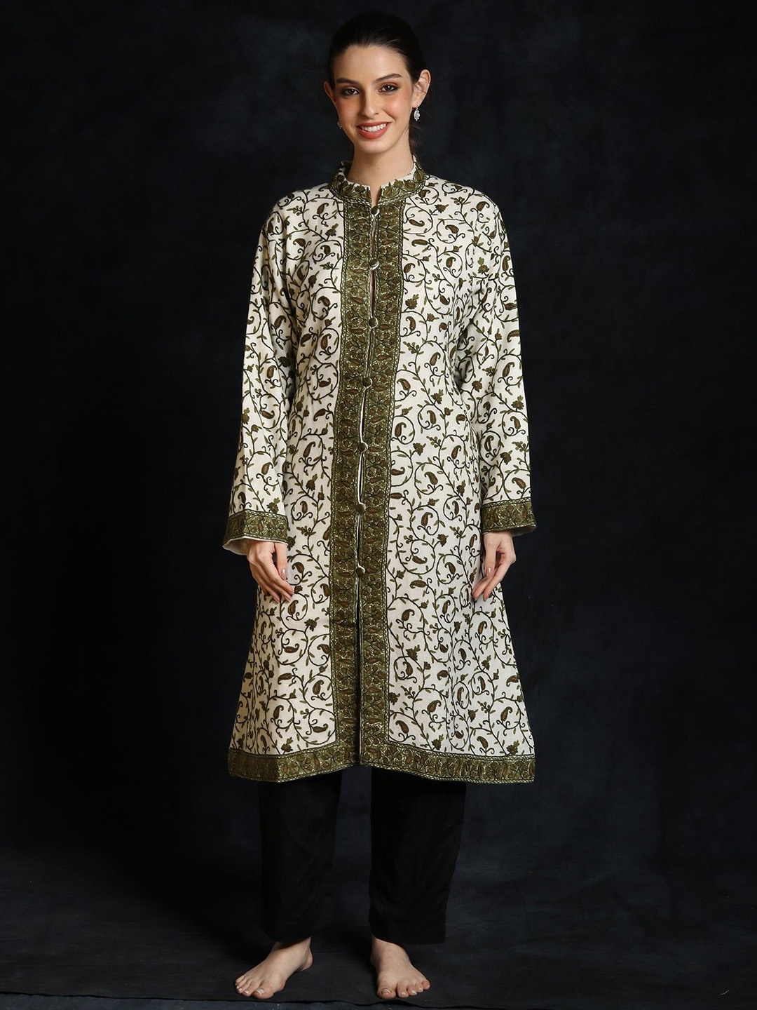 

Exotic India Women Woollen Longline Tailored Jacket, White