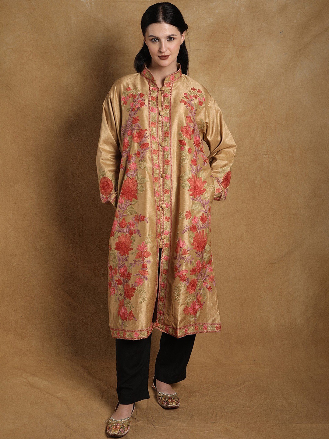 Exotic India Art Silk Aari Embroidered Fall Leaf Kashmiri Long Jacket, Beige