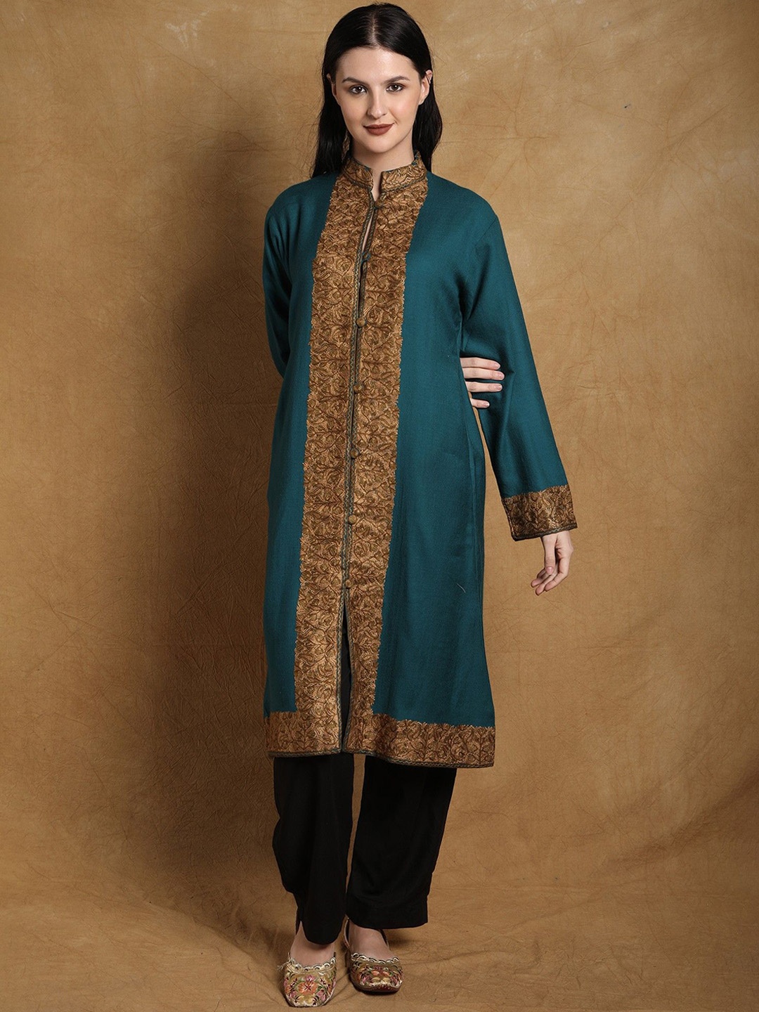 

Exotic India Women Woollen Longline Open Front Jacket with Embroidered, Blue