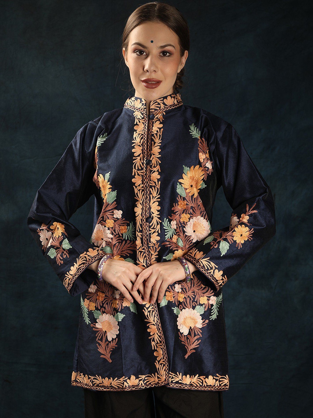 

Exotic India Women Floral Longline Sporty Jacket Embroidered, Blue