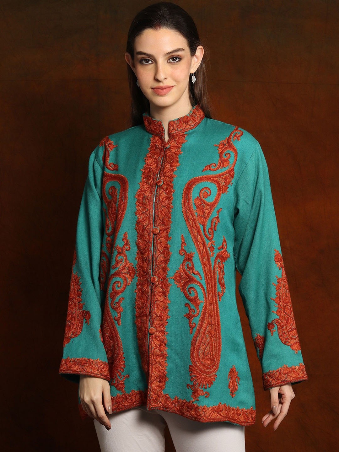 

Exotic India Women Woollen Longline Tailored Jacket with Embroidered, Teal