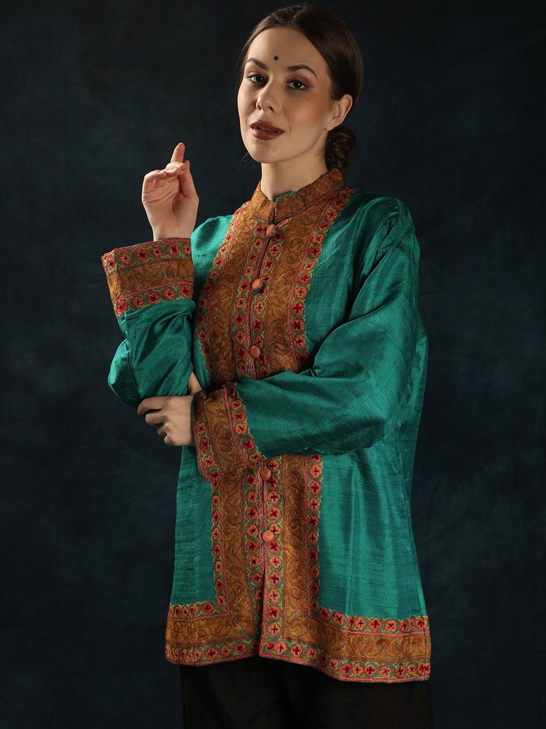 

Exotic India Women Floral Longline Tailored Jacket, Blue