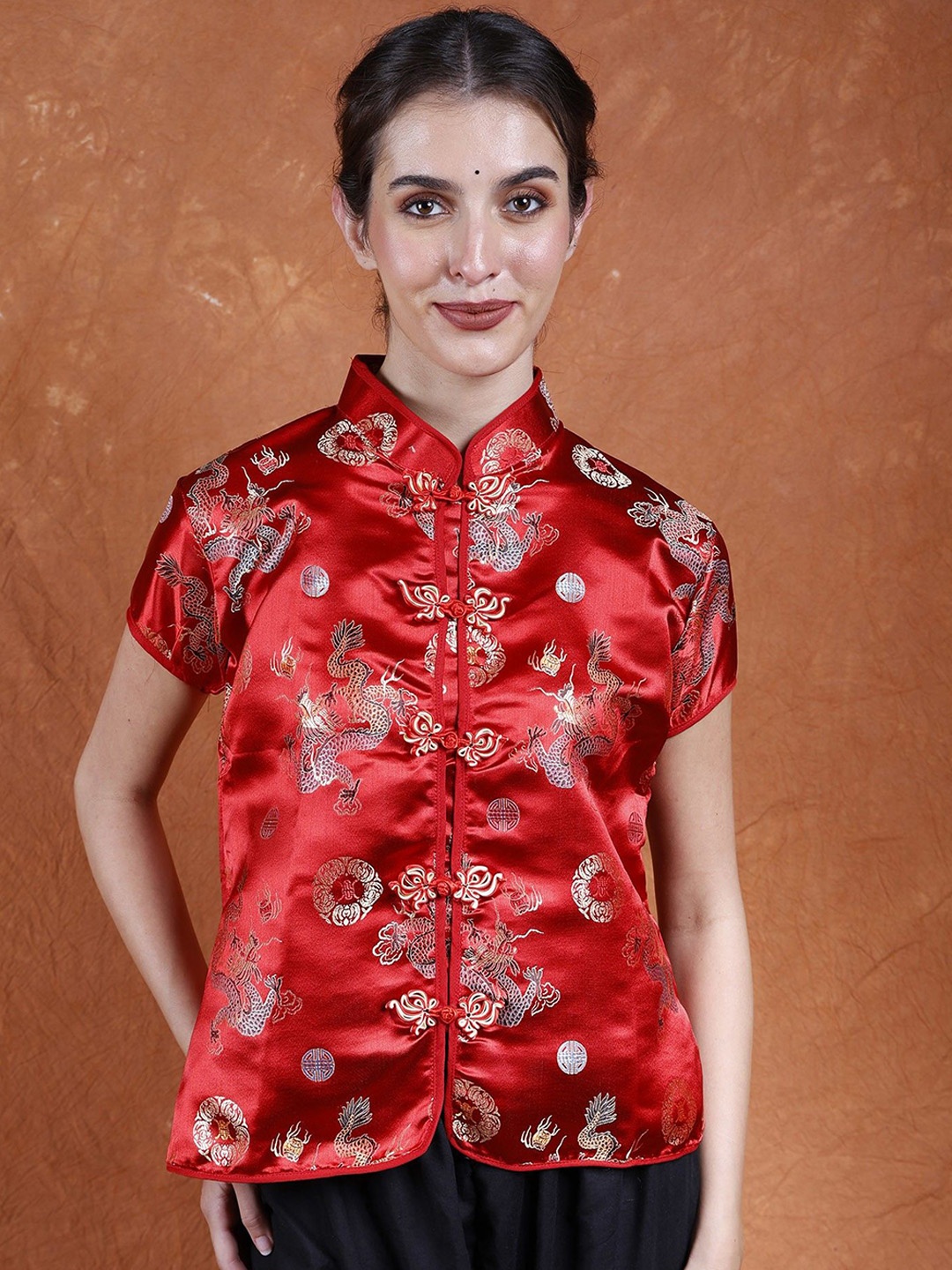

Exotic India Women Cheongsam Silk Jacket with Brocade Weave, Red