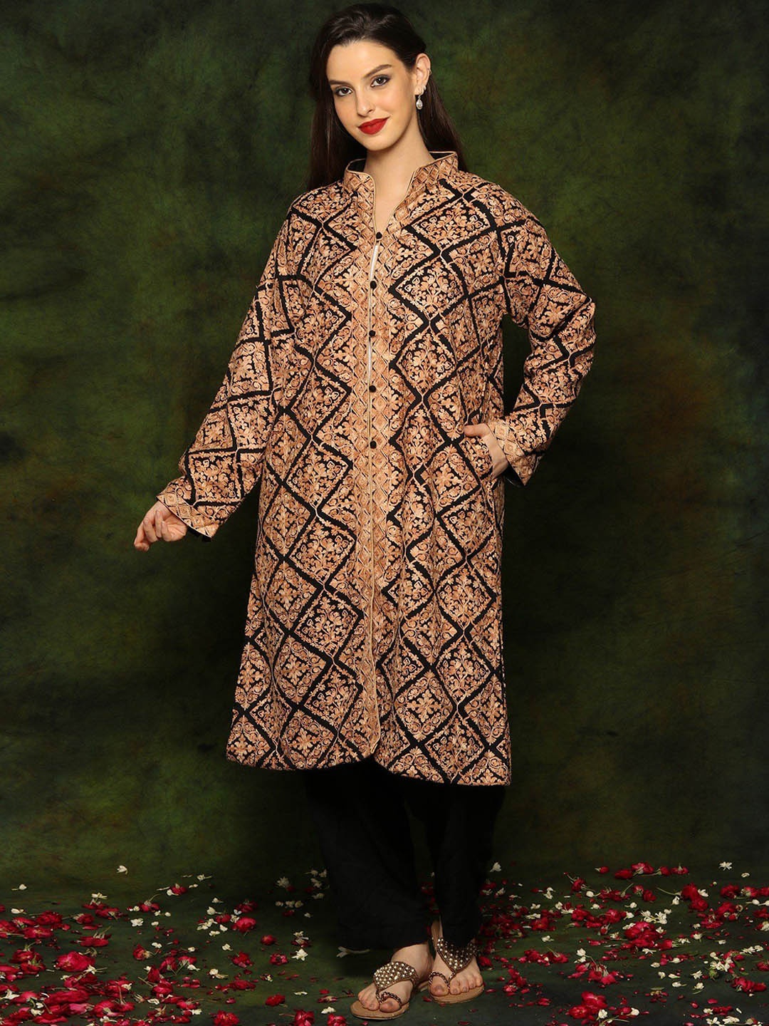 

Exotic India Black Kashmiri Long Jacket with Floral and Paisley Golden Aari Embroidery