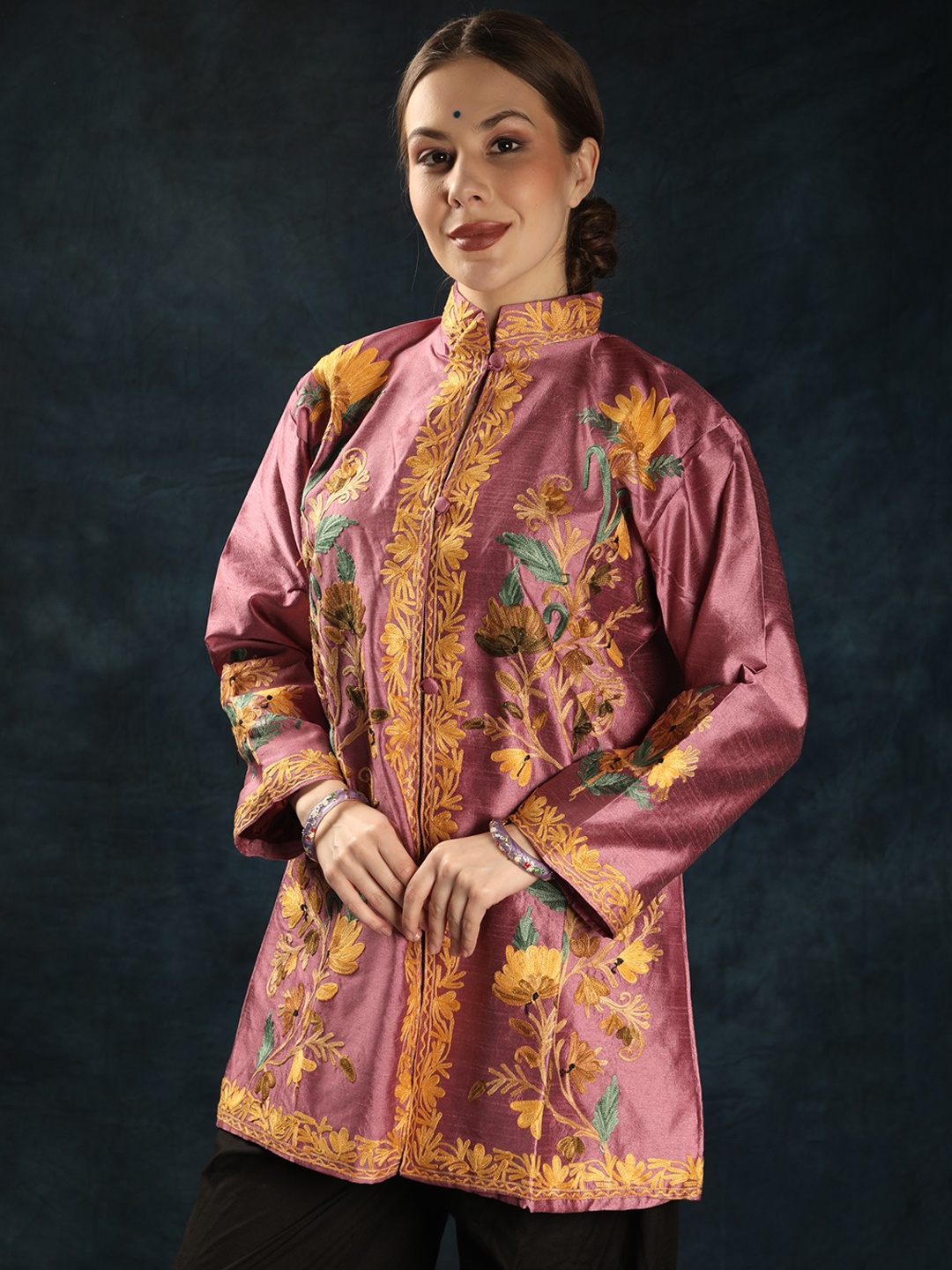 

Exotic India Women Floral Longline Tailored Jacket, Pink