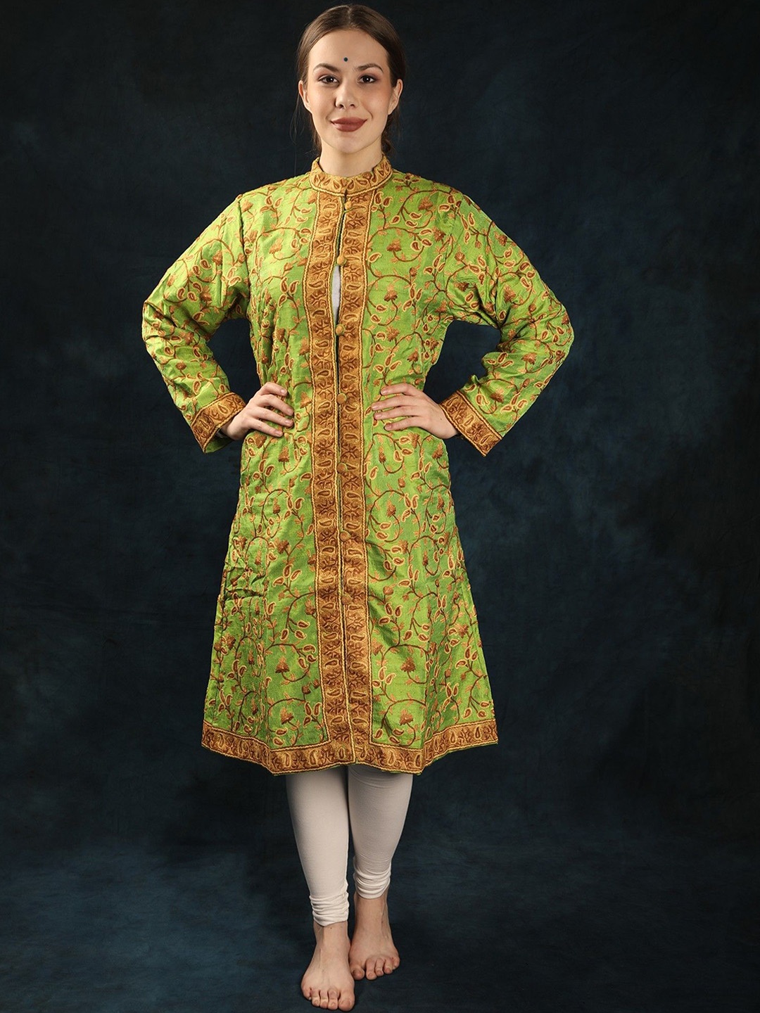 

Exotic India Women Floral Longline Tailored Jacket, Green