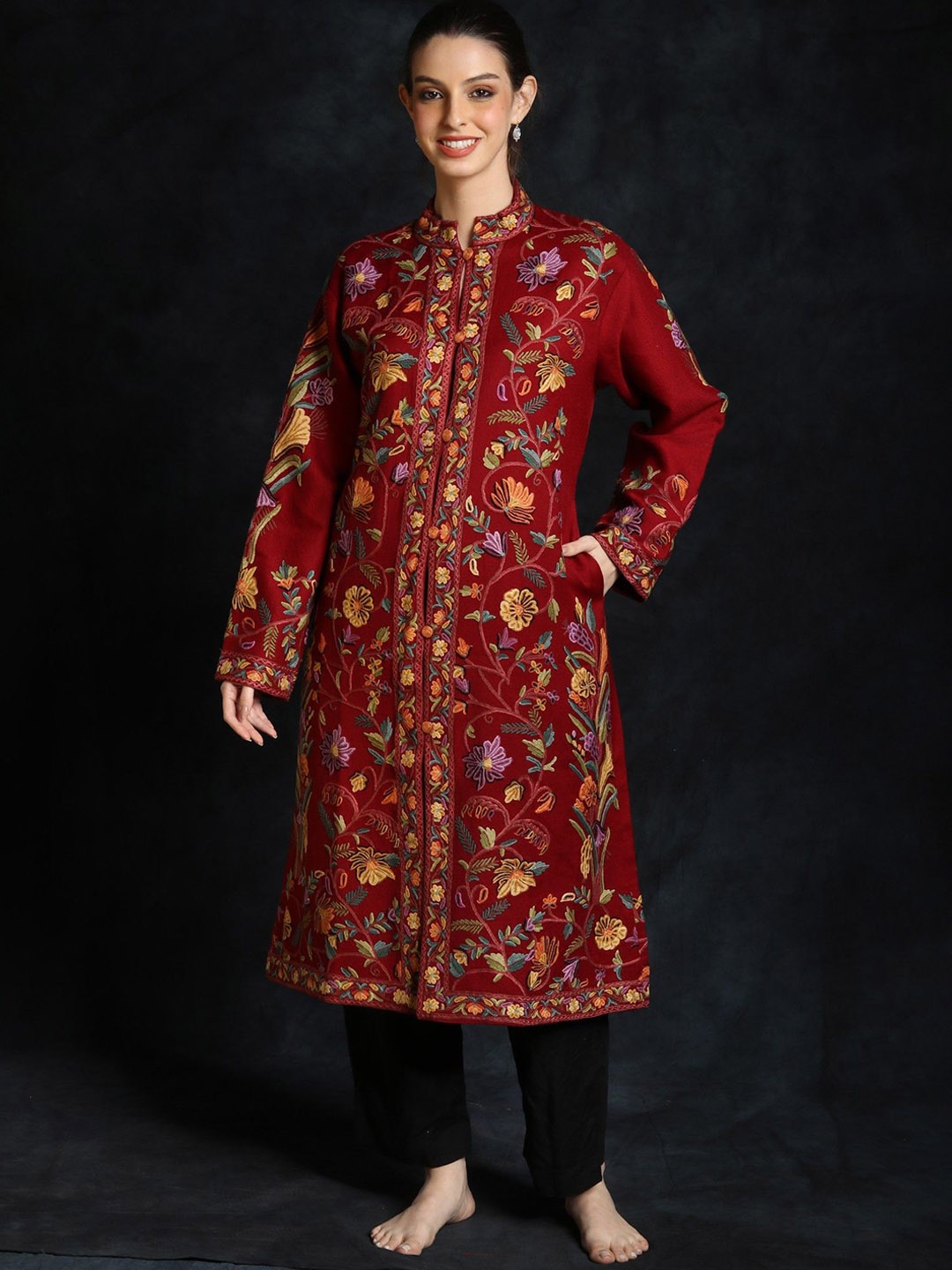 

Exotic India Women Floral Woollen Crop Open Front Jacket, Red