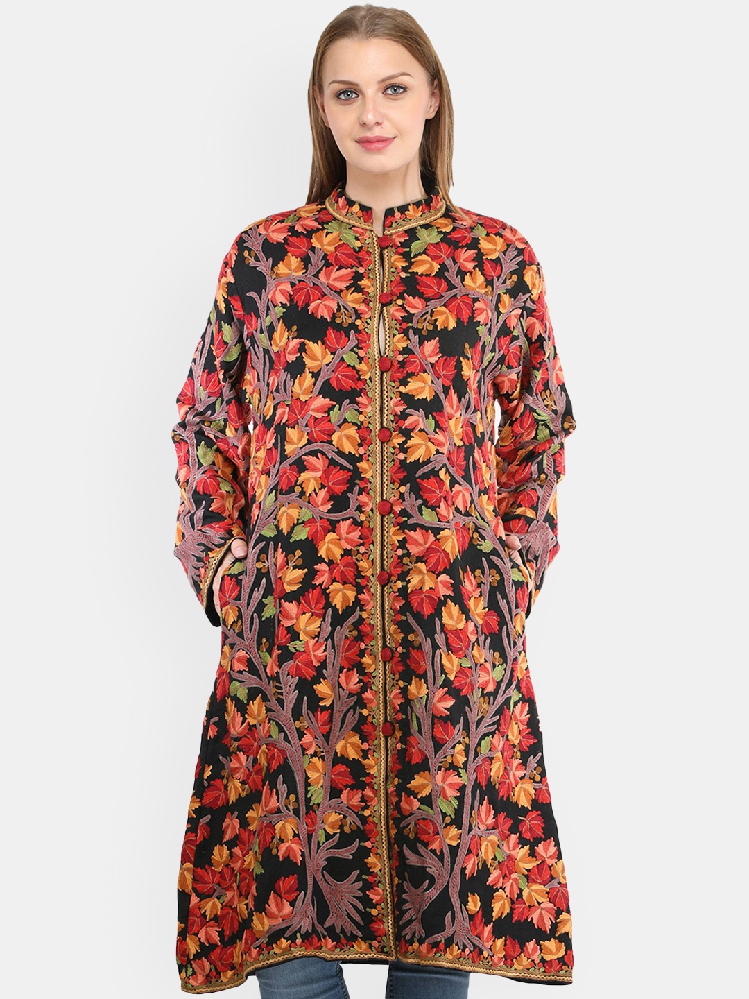 

Exotic India Women Floral Woollen Longline Parka Jacket, Black