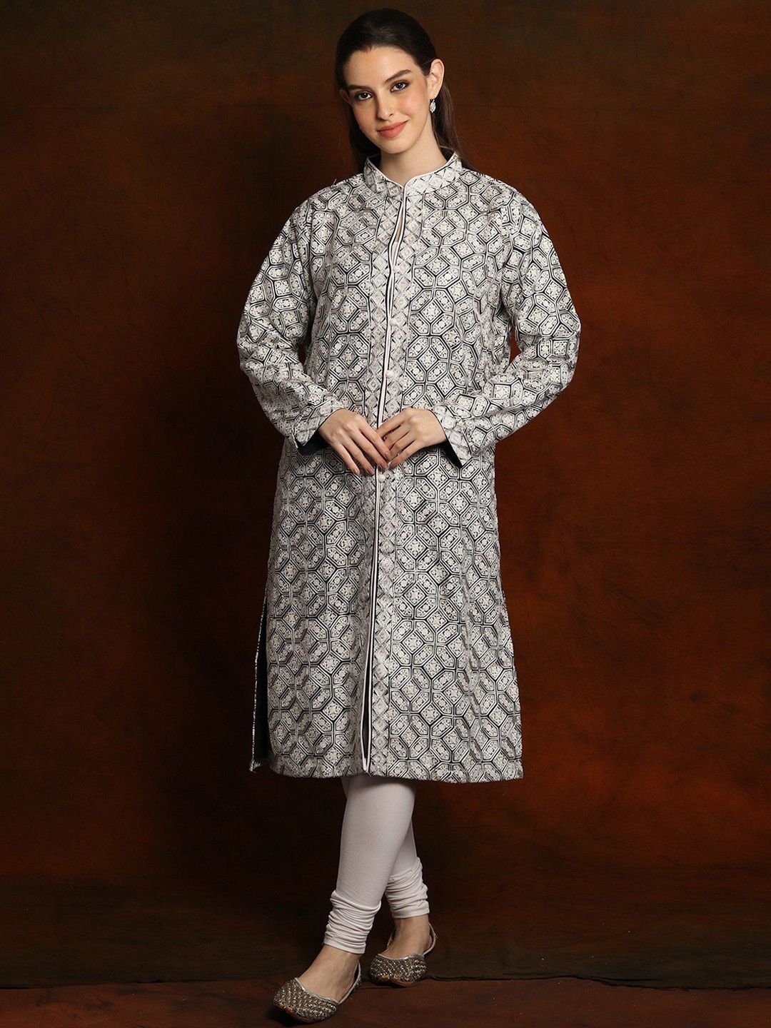 

Exotic India Woolen with White Aari Embroidered Kashmiri Long Jacket, Charcoal