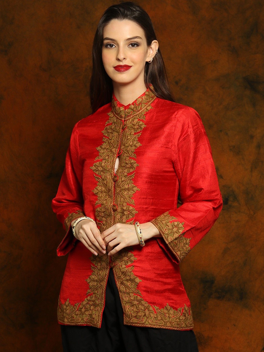 

Exotic India Women Kashmiri Silk Short Tailored Ethnic Jacket, Red