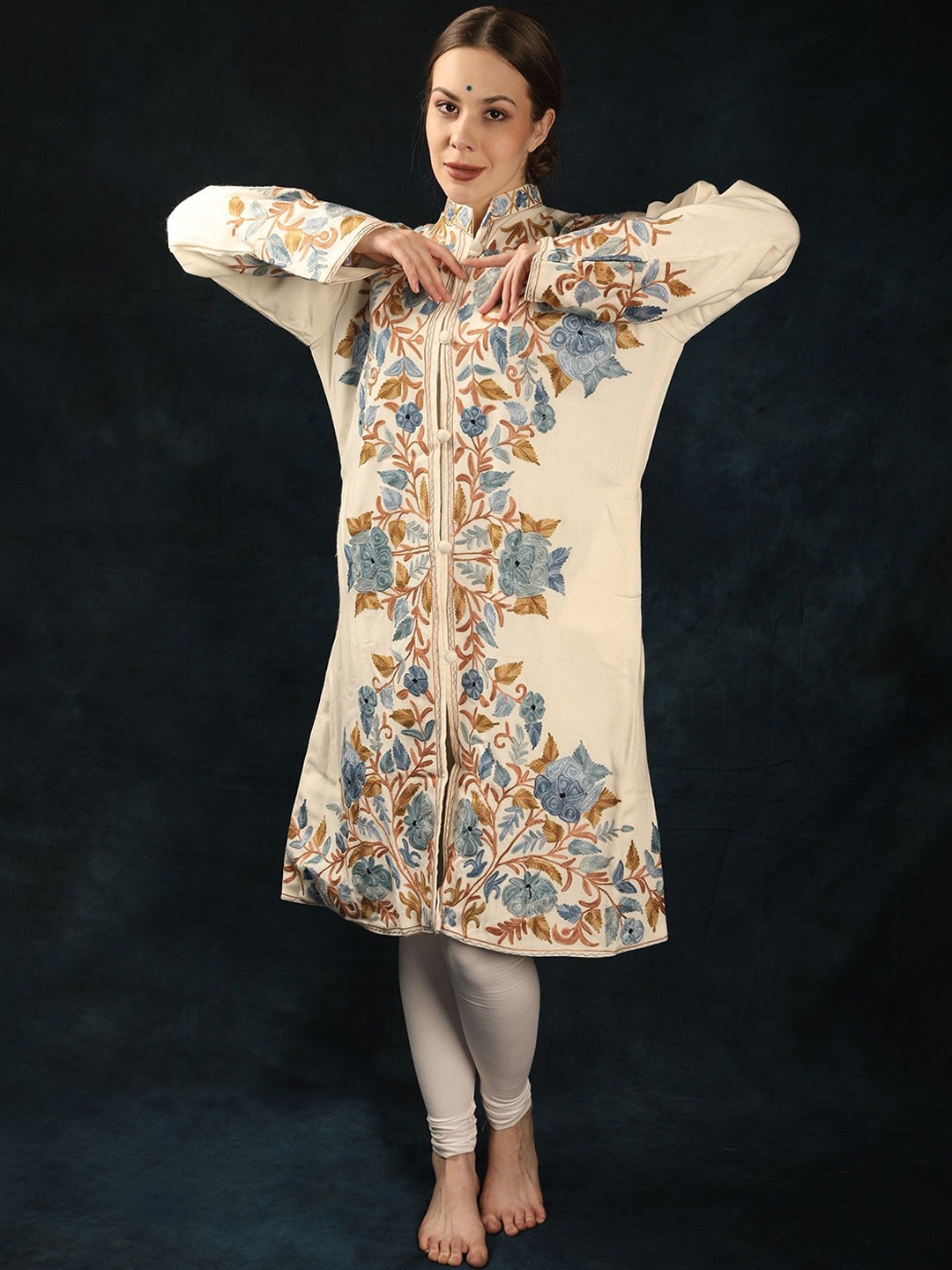 

Exotic India Floral Aari Embroidered Wool Blend Snow White Kashmiri Long Jacket, Off white