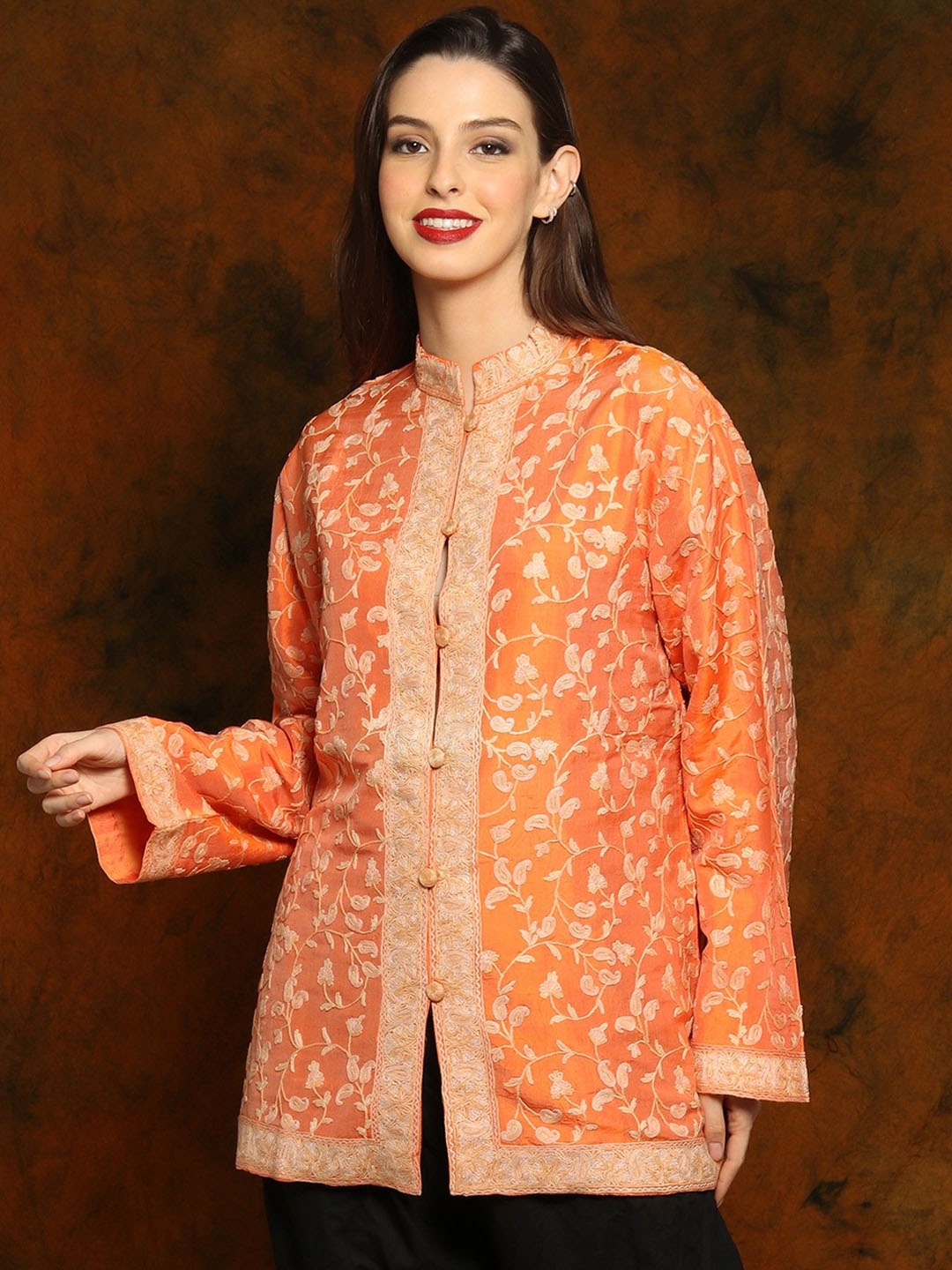 

Exotic India Women Floral Longline Open Front Jacket with Embroidered, Orange