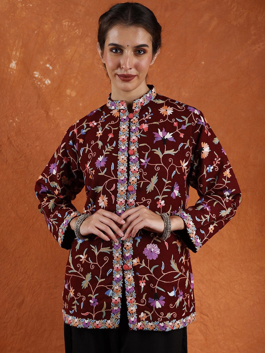 

Exotic India Women Floral Woollen Tailored Jacket, Red