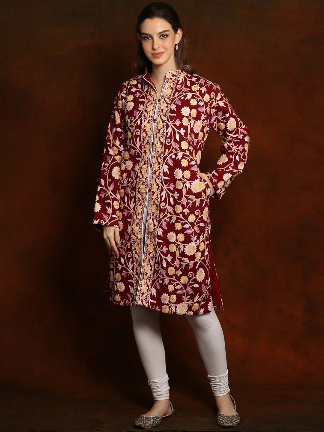 

Exotic India Women Floral Woollen Longline Bomber Jacket, Red