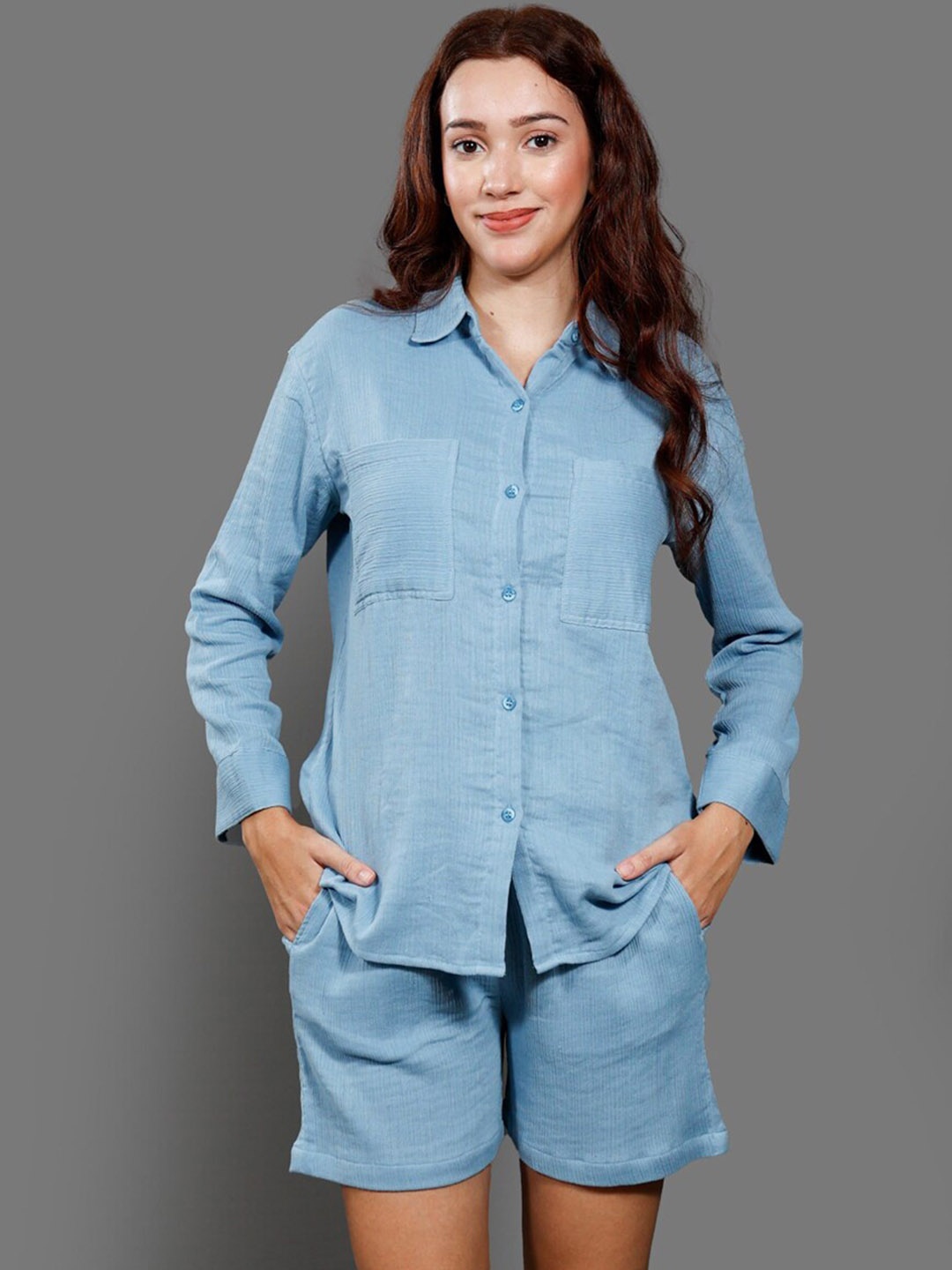 

Chemistry Pure Cotton Shirt Collar Neck Shirt With Short Co-Ords, Blue