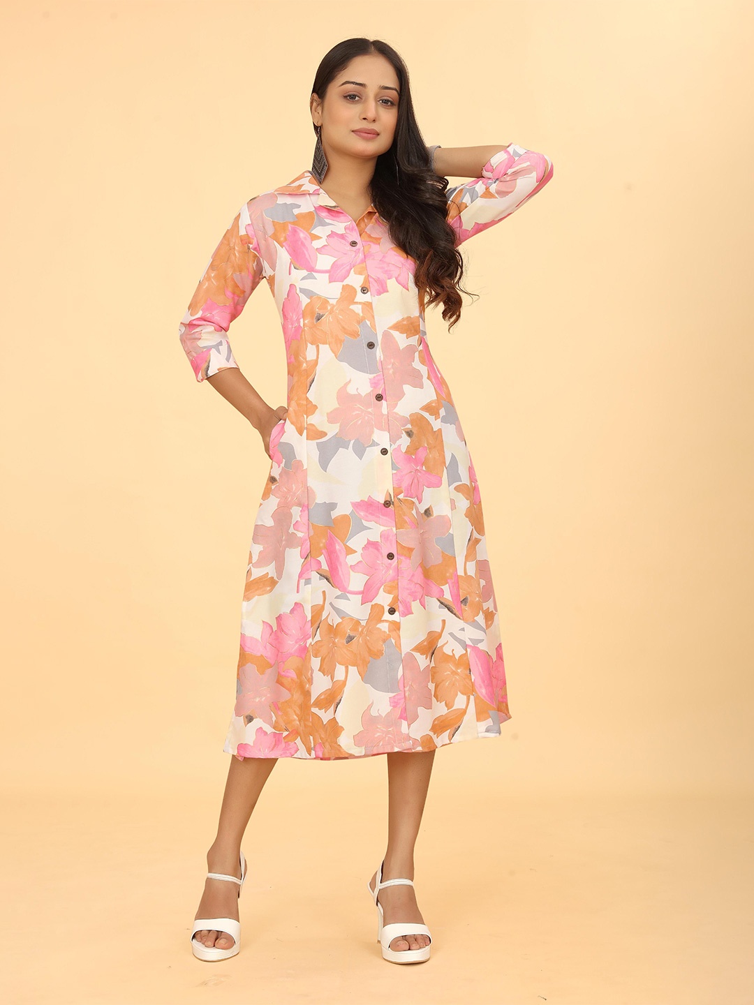 

Kesudi Floral Print Shirt Collar A-Line Midi Dress, Pink