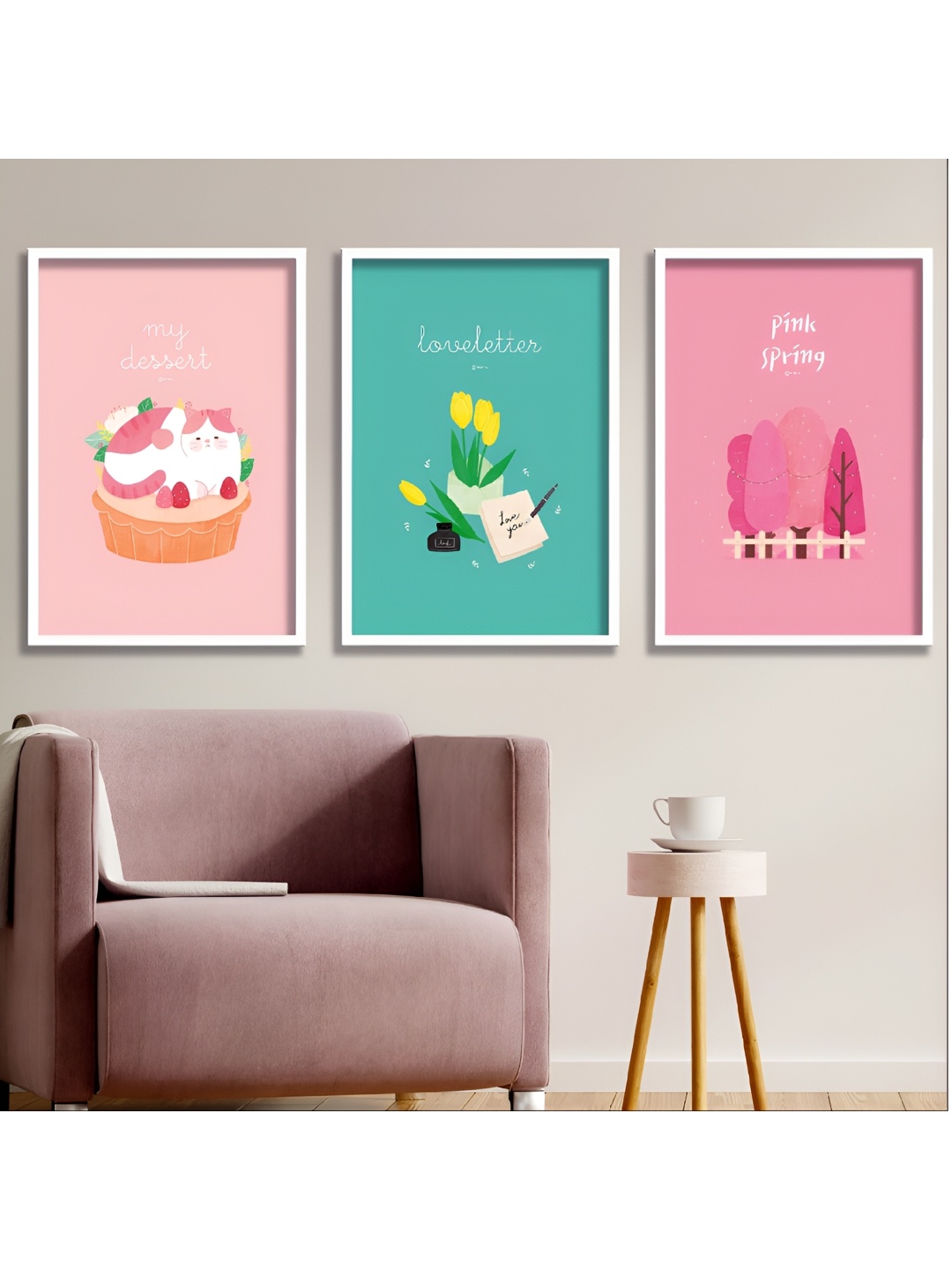 

Aura Pink & Green Set Of 3 Wood Other Wall Paintings